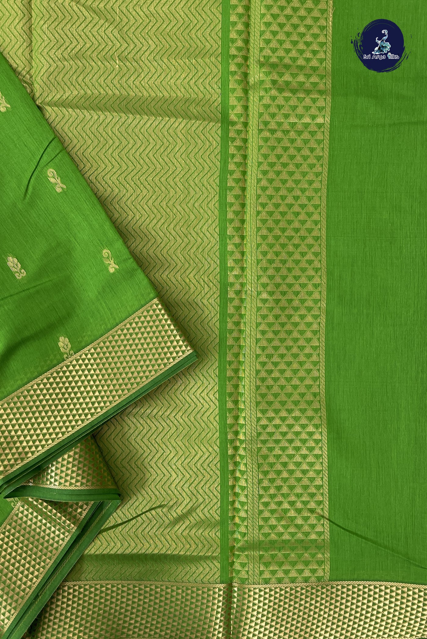 Parrot Green Madisar Semi Silk Cotton Saree With Zari Buttas Pattern