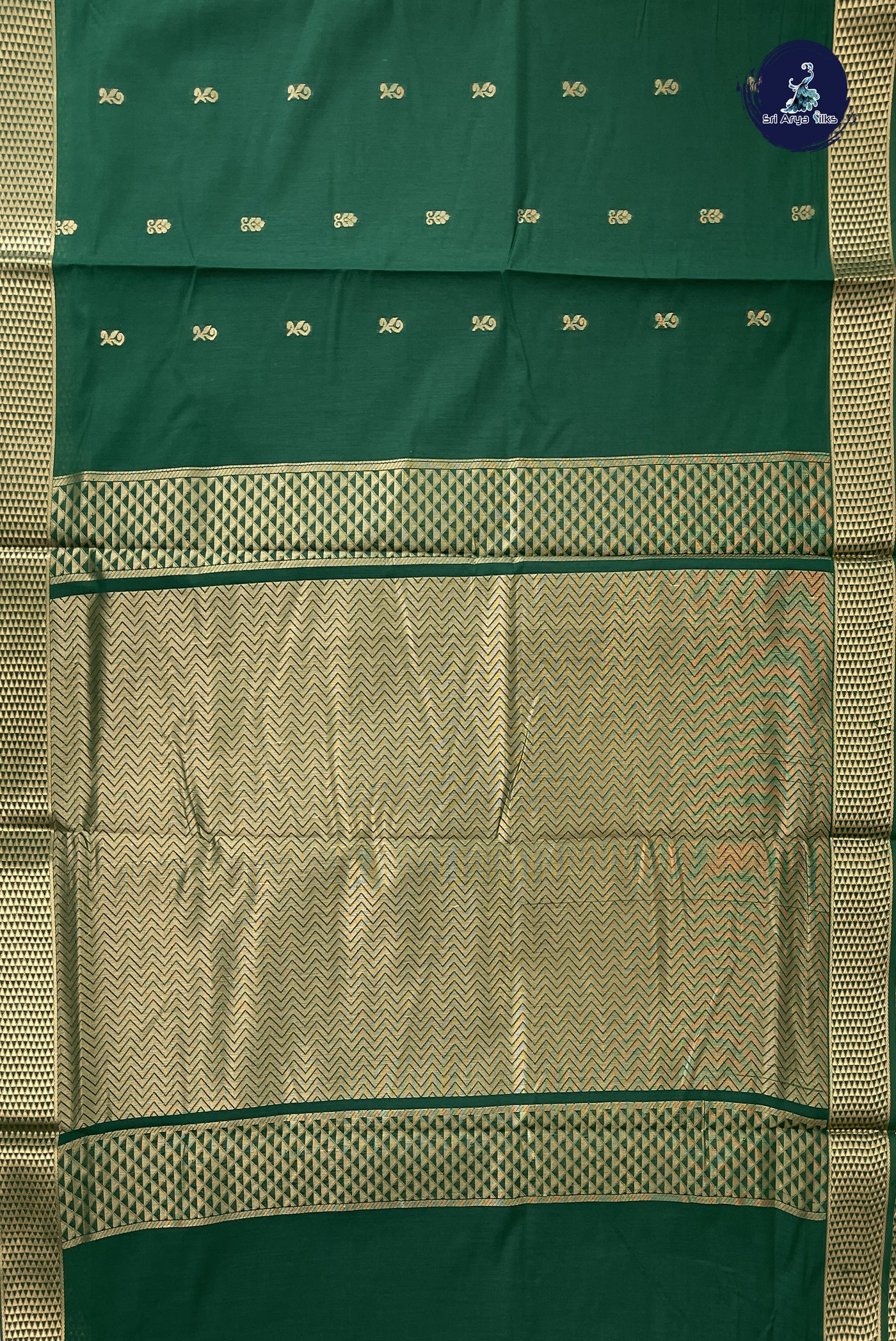 Dark Green Madisar Semi Silk Cotton Saree With Zari Buttas Pattern