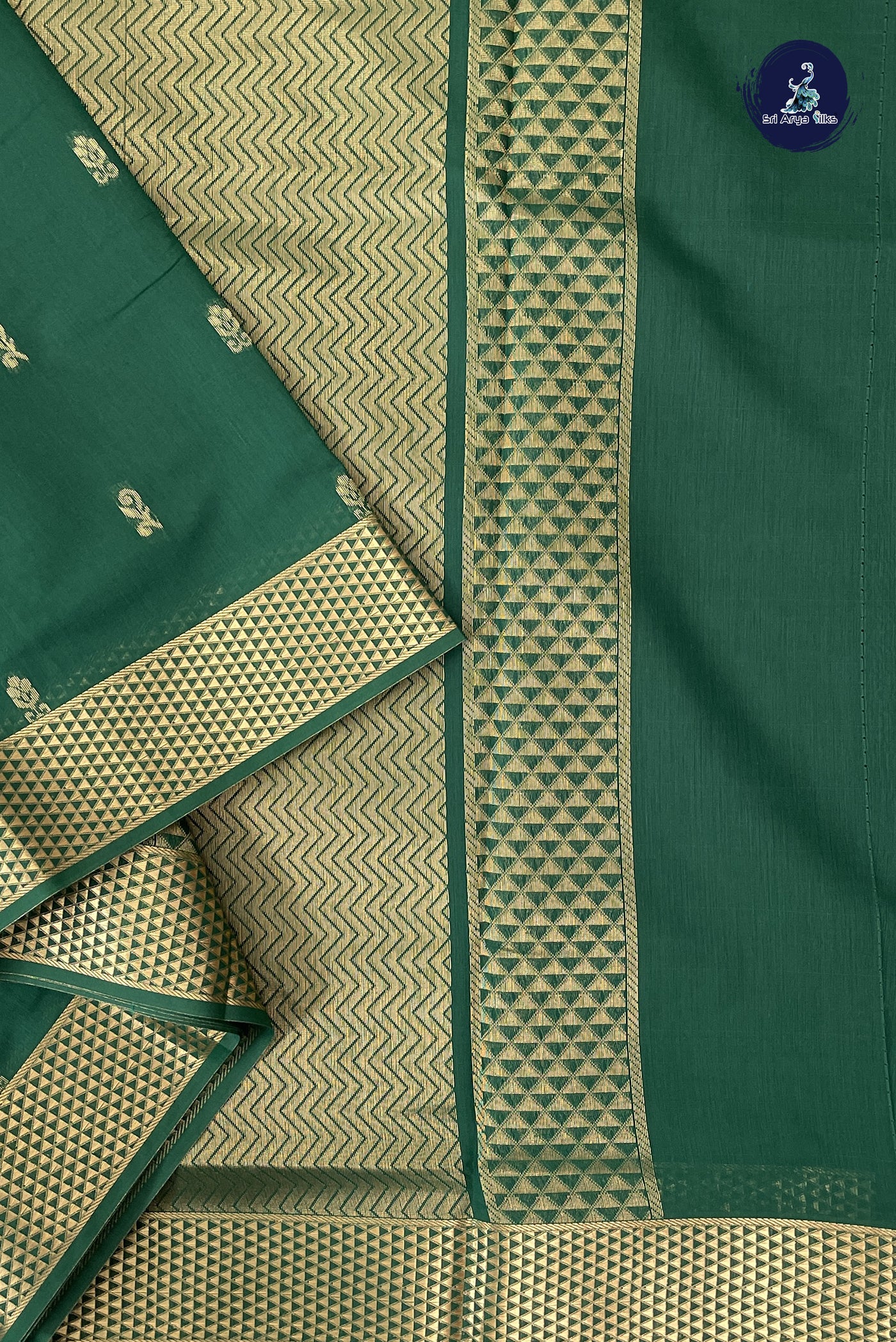 Dark Green Madisar Semi Silk Cotton Saree With Zari Buttas Pattern