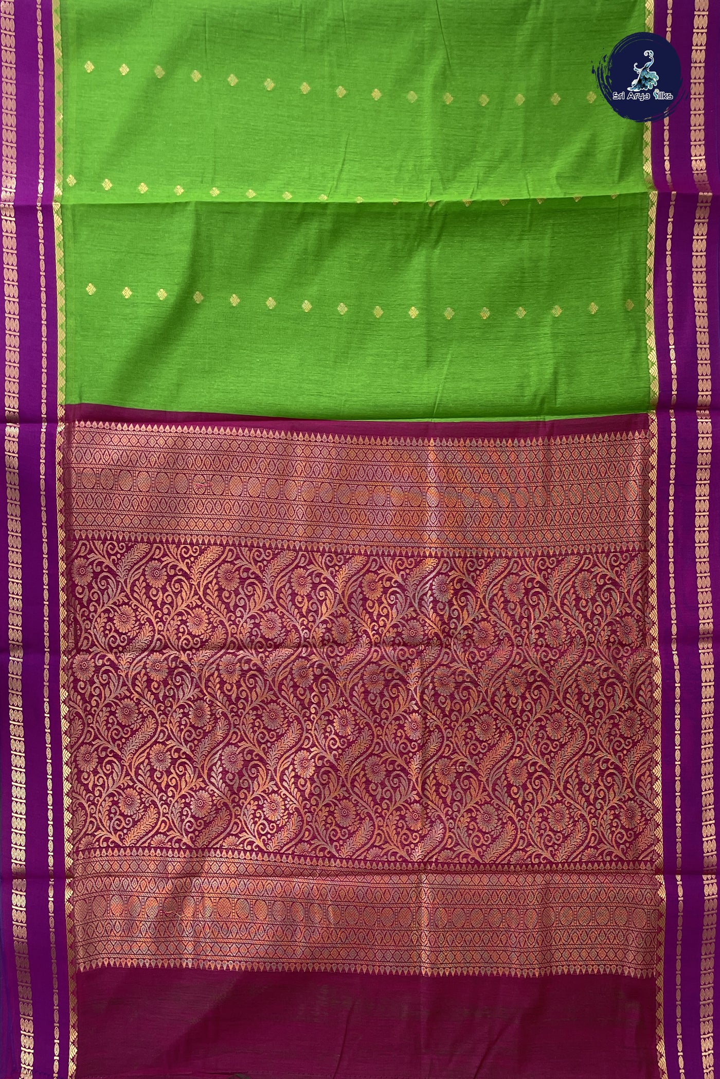 Parrot Green Madisar Semi Silk Cotton Saree With Zari Buttas Pattern
