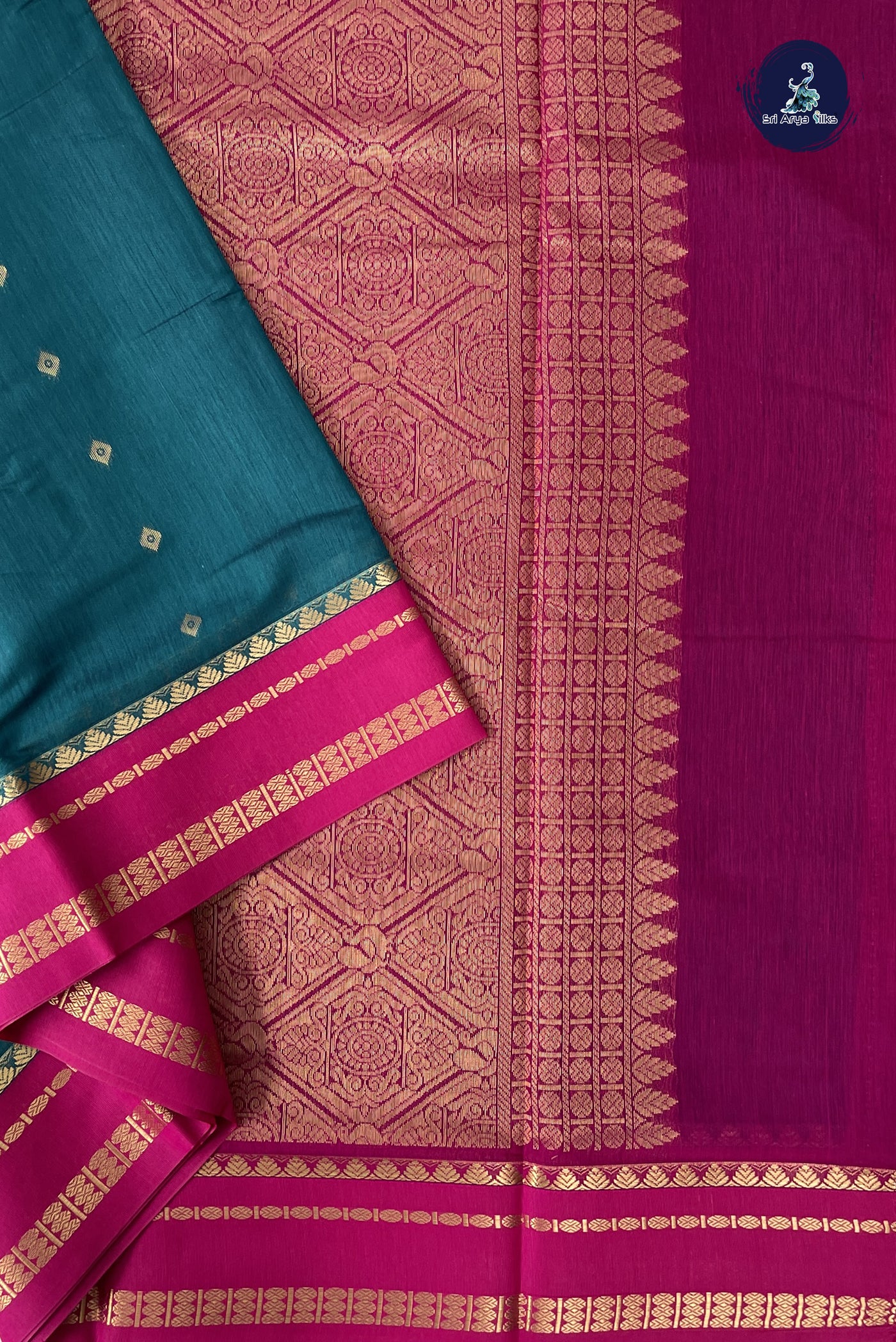 Sapphire Green Madisar Semi Silk Cotton Saree With Zari Buttas Pattern