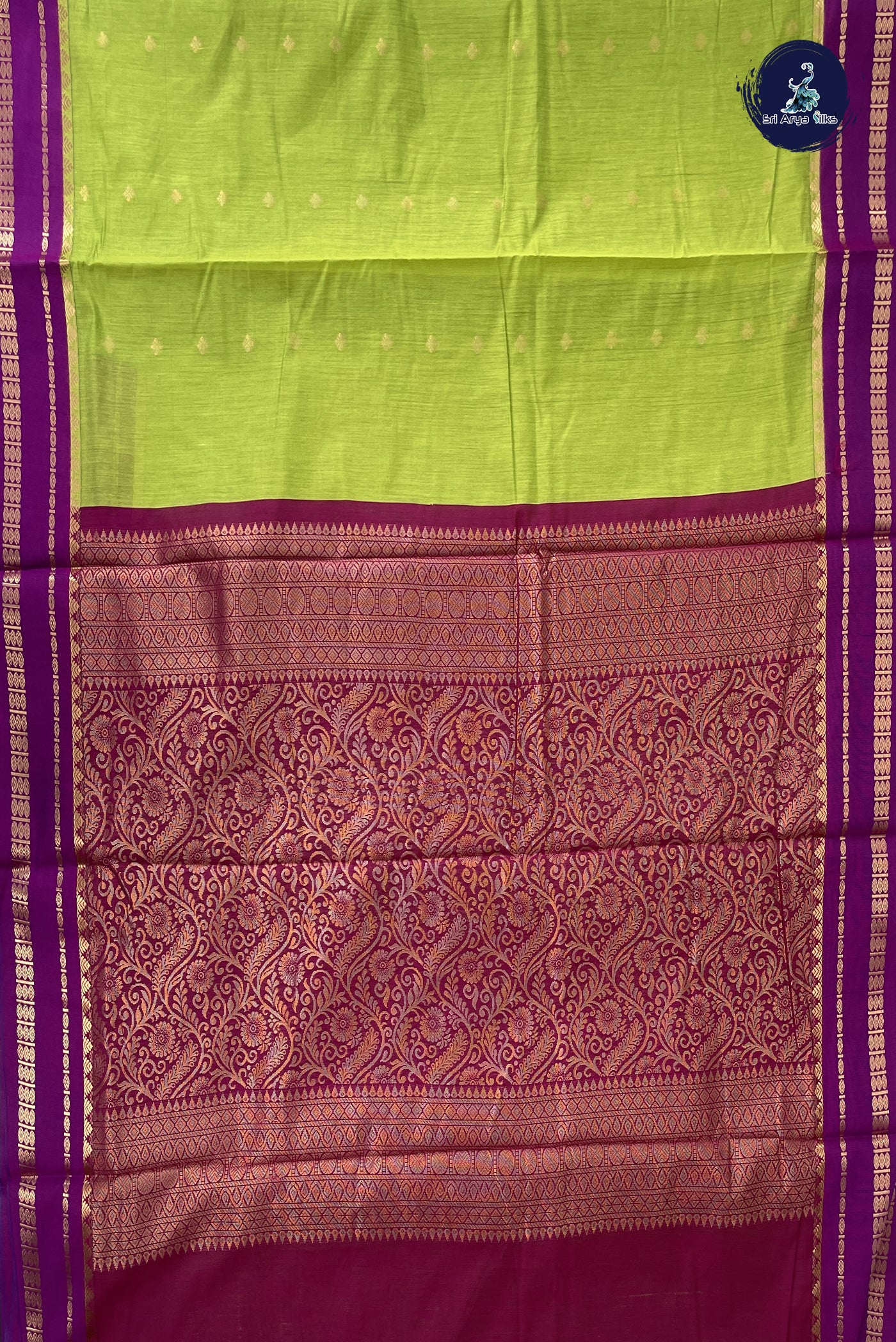 Lime Green Madisar Semi Silk Cotton Saree With Zari Buttas Pattern