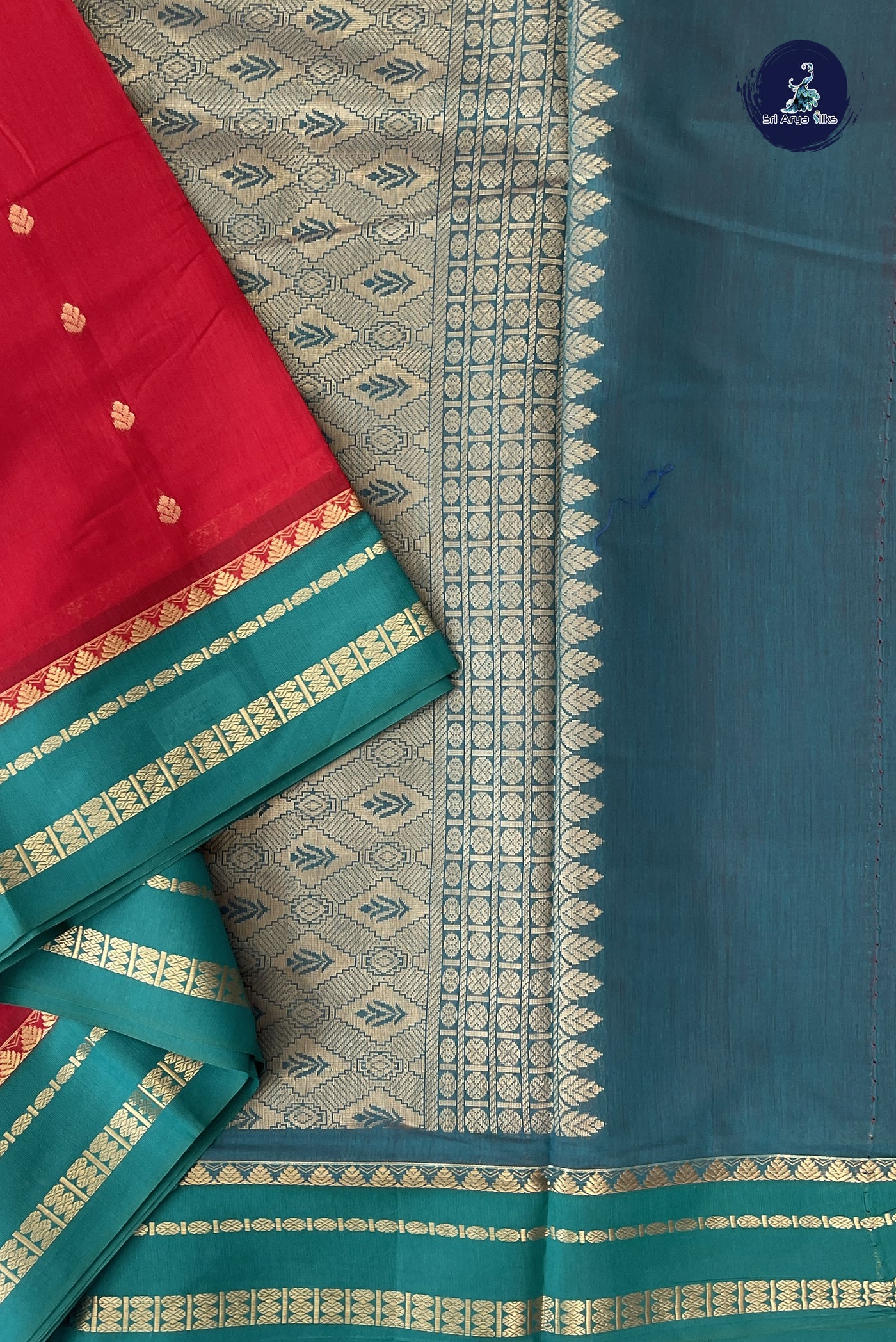 Red Madisar Semi Silk Cotton Saree With Zari Buttas Pattern