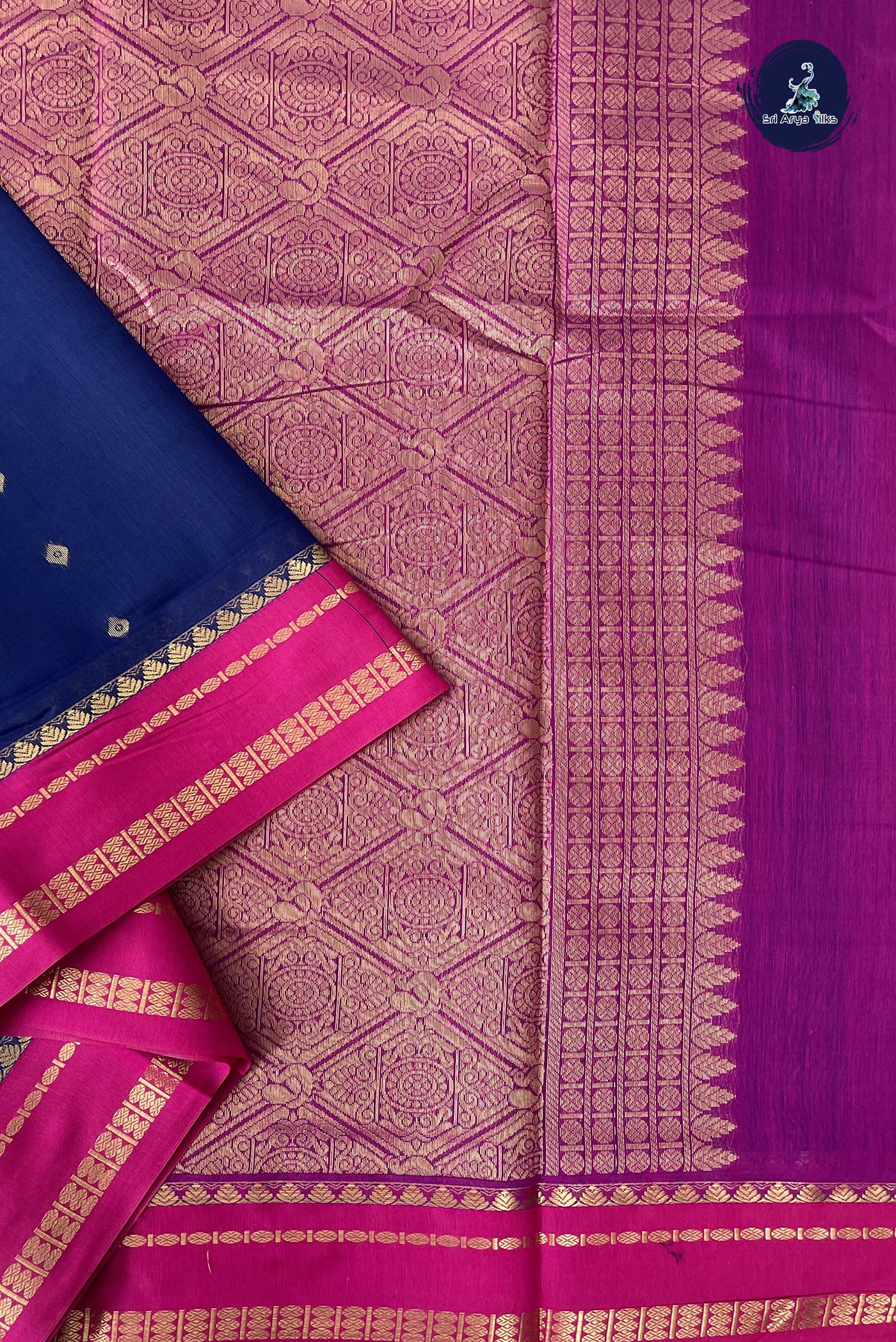 Navy Blue Madisar Semi Silk Cotton Saree With Zari Buttas Pattern