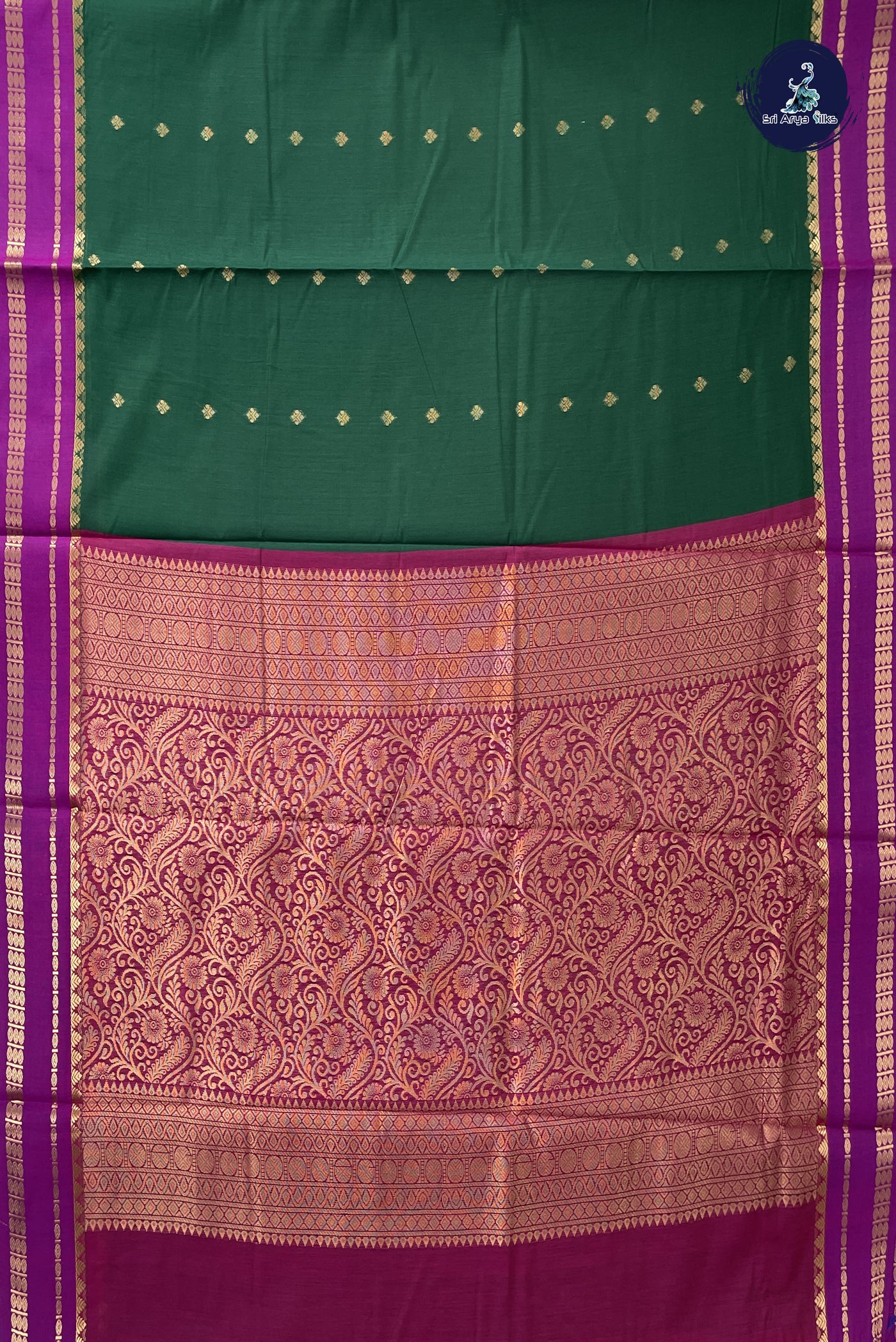 Bottle Green Madisar Semi Silk Cotton Saree With Zari Buttas Pattern