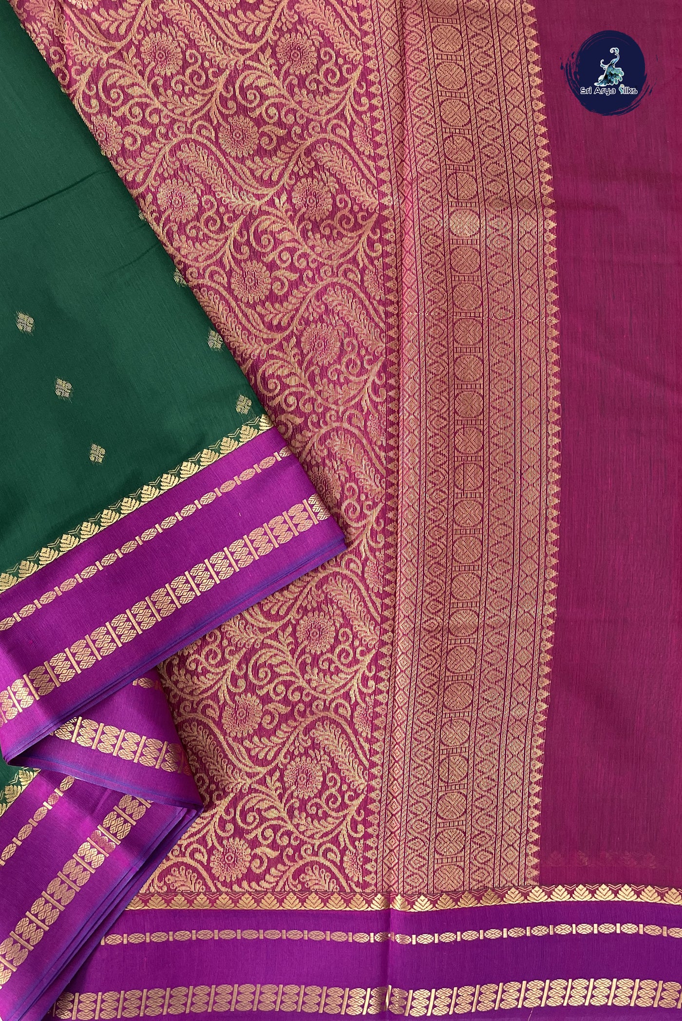 Bottle Green Madisar Semi Silk Cotton Saree With Zari Buttas Pattern