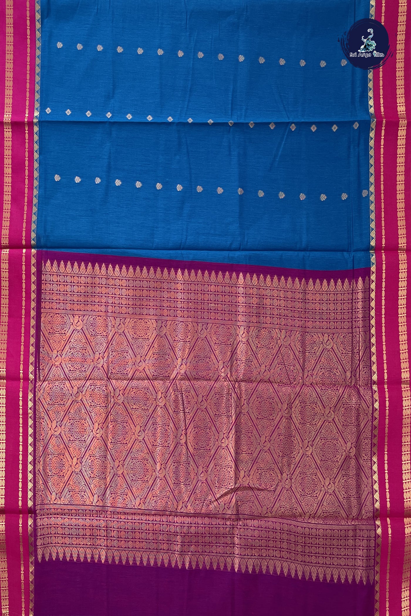 Sapphire Blue Madisar Semi Silk Cotton Saree With Zari Buttas Pattern