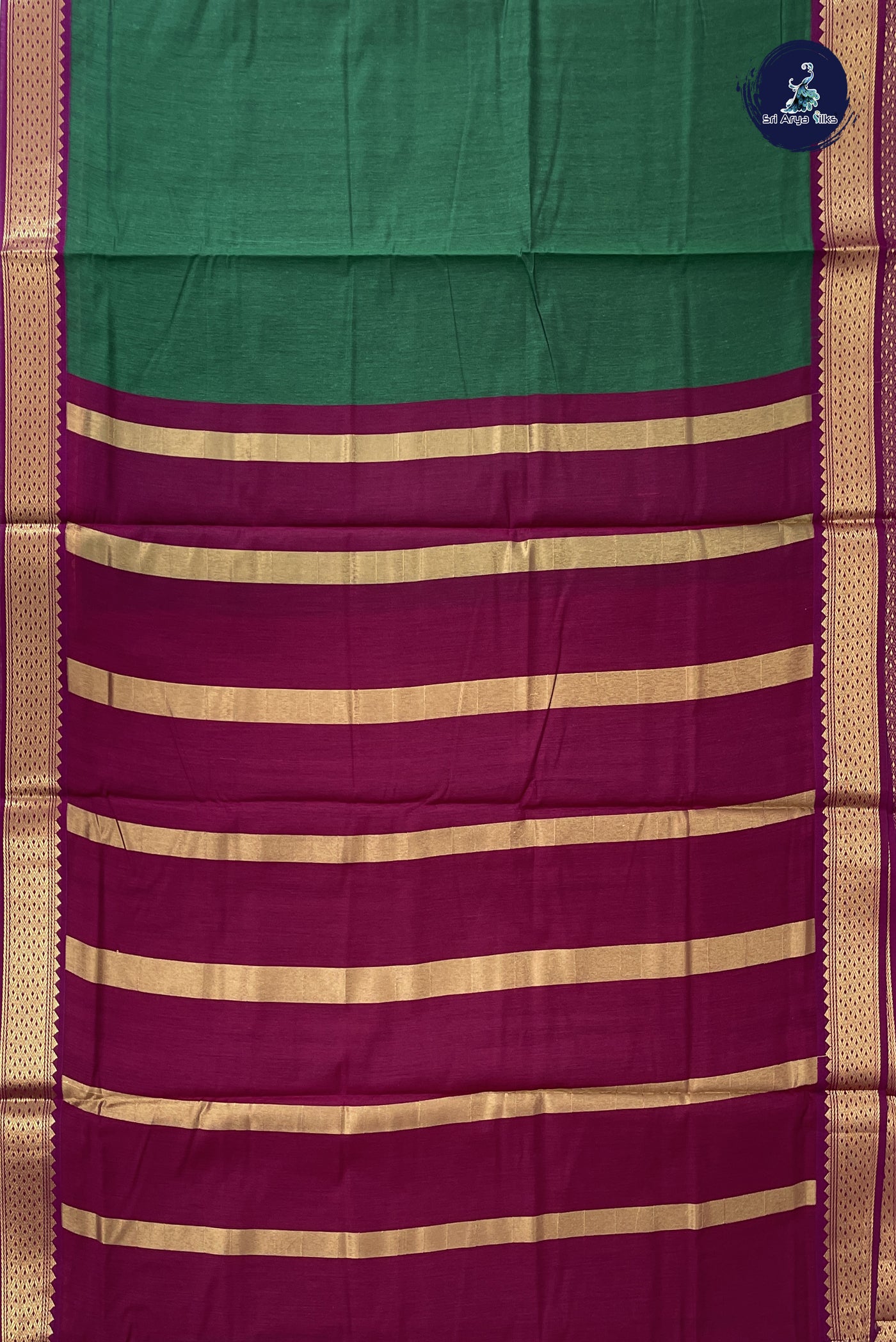 Dark Green Madisar Semi Silk Cotton Saree With Plain Pattern