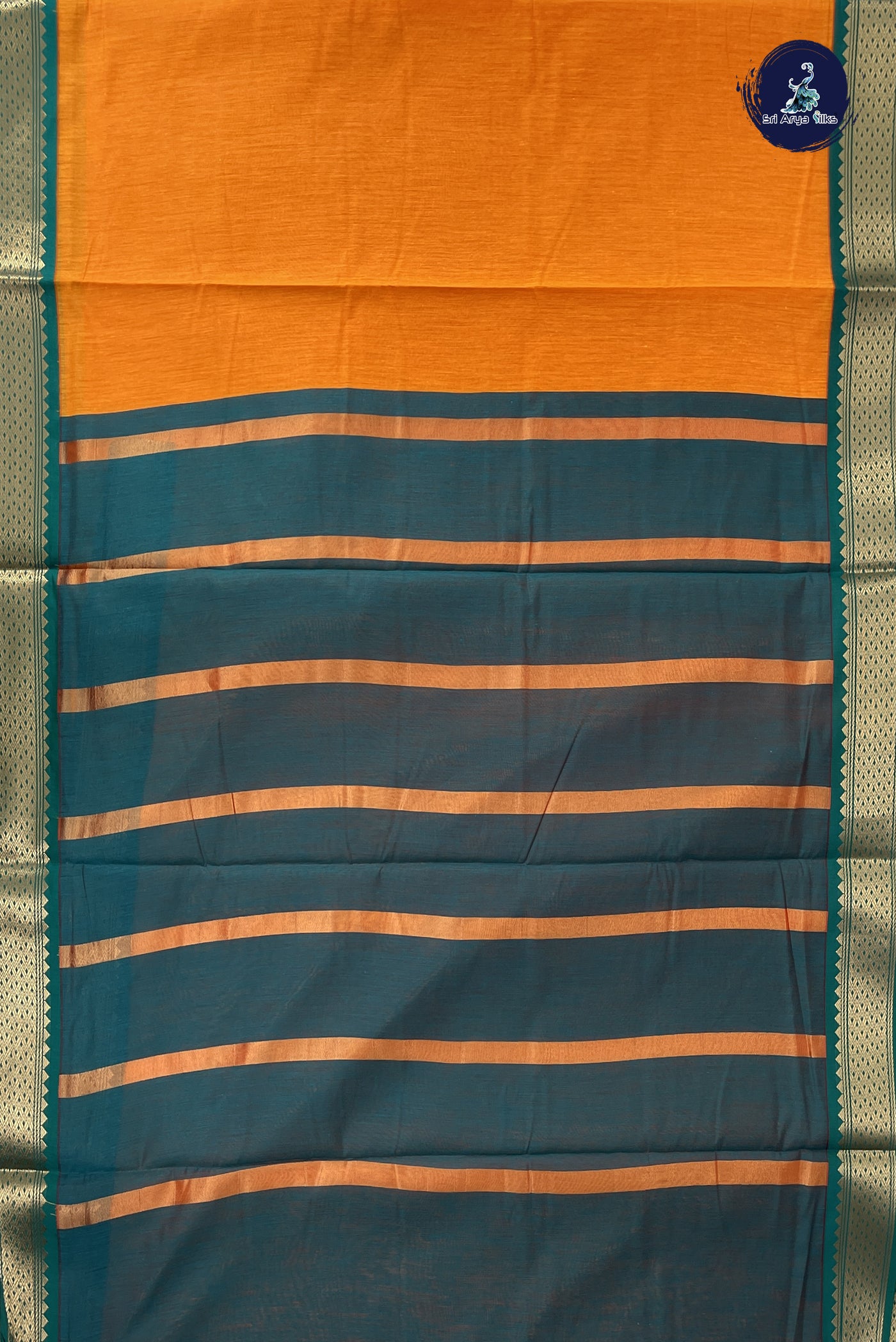 Yellowish Orange Madisar Semi Silk Cotton Saree With Plain Pattern