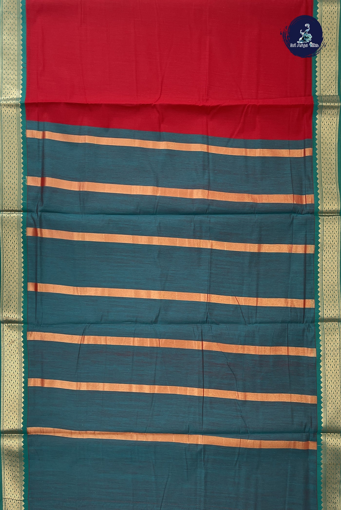 Red Madisar Semi Silk Cotton Saree With Plain Pattern
