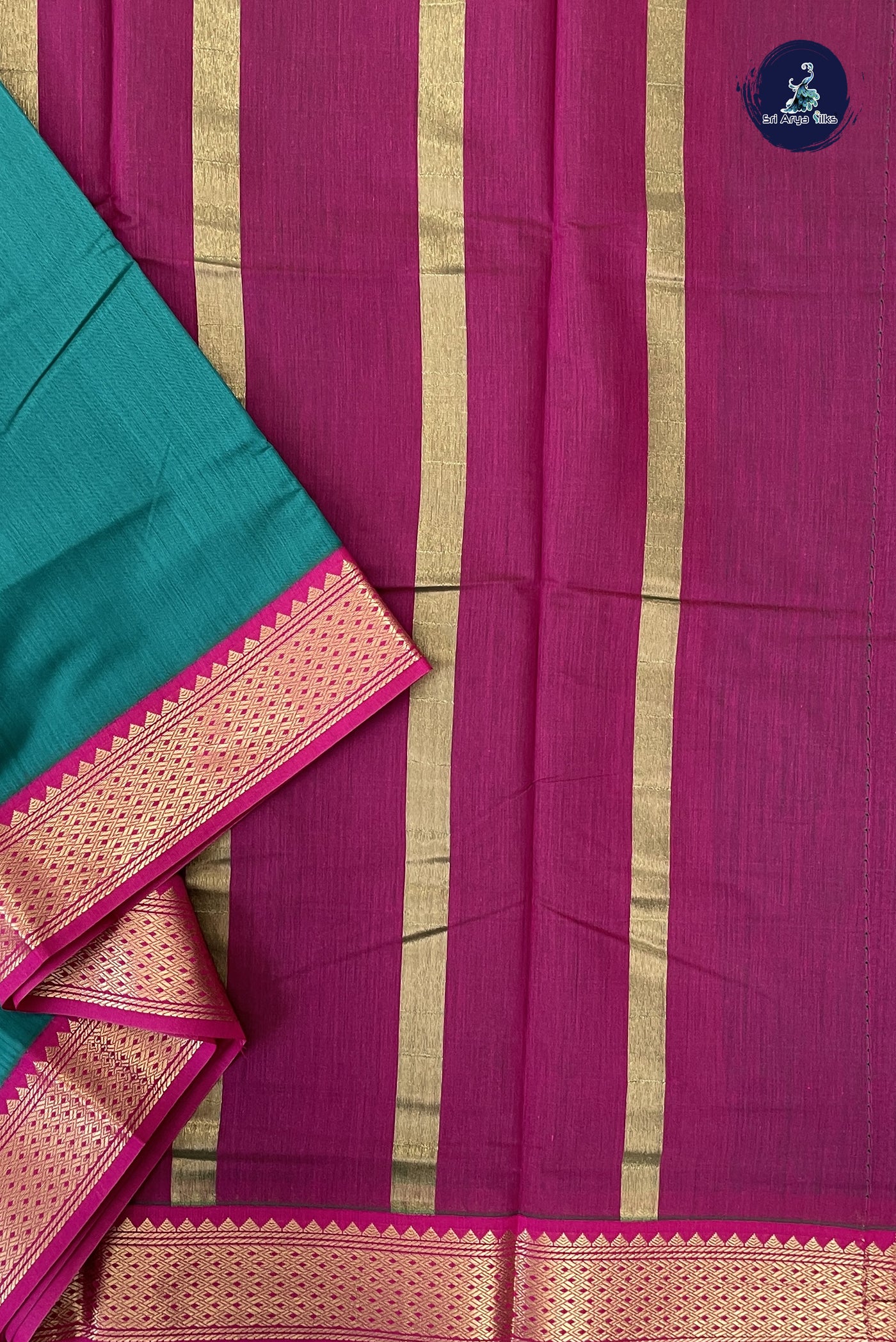 Sapphire Green Madisar Semi Silk Cotton Saree With Plain Pattern
