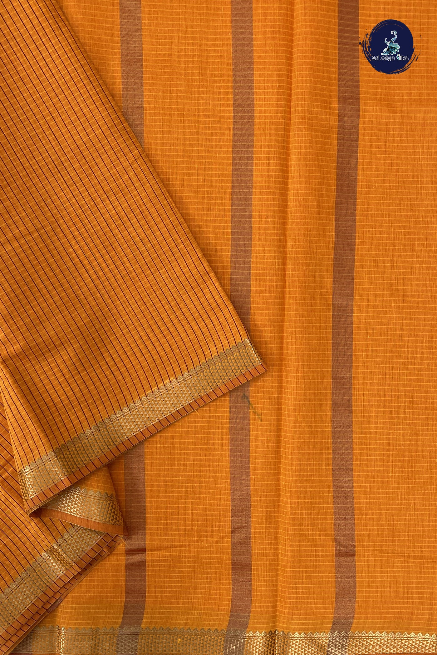 Yellowish Orange Madisar Semi Silk Cotton Saree With Checked Pattern