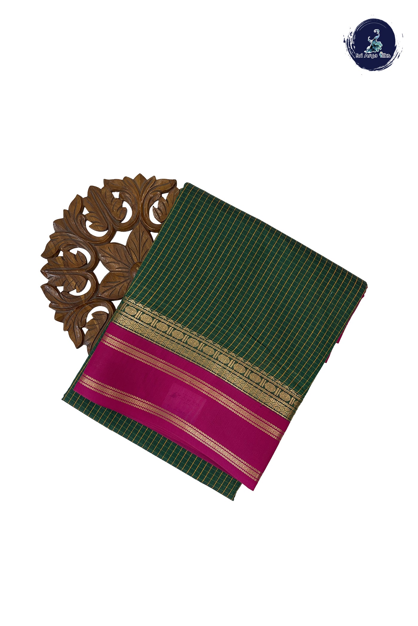 Dark Green Madisar Semi Silk Cotton Saree With Checked Pattern