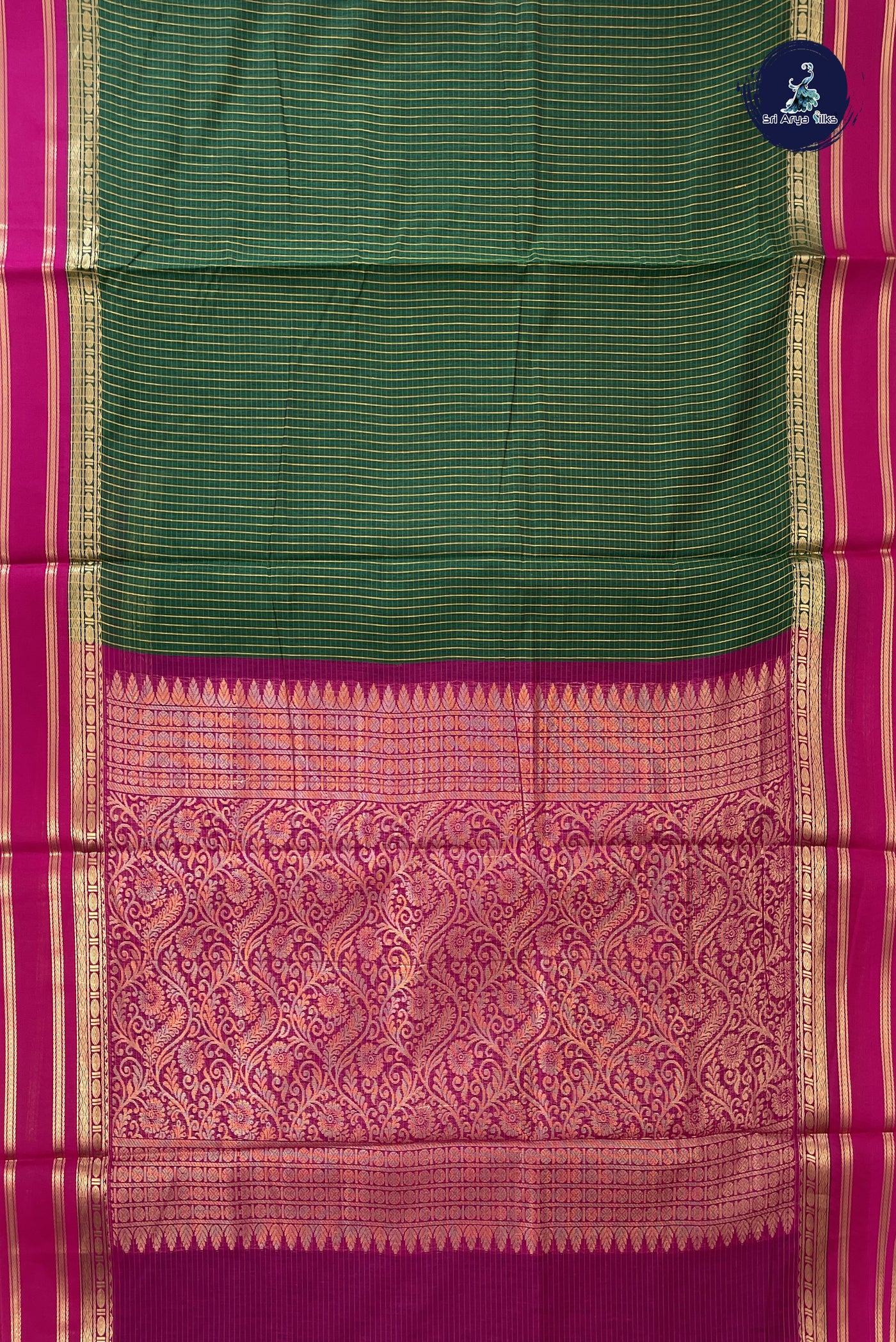 Dark Green Madisar Semi Silk Cotton Saree With Checked Pattern