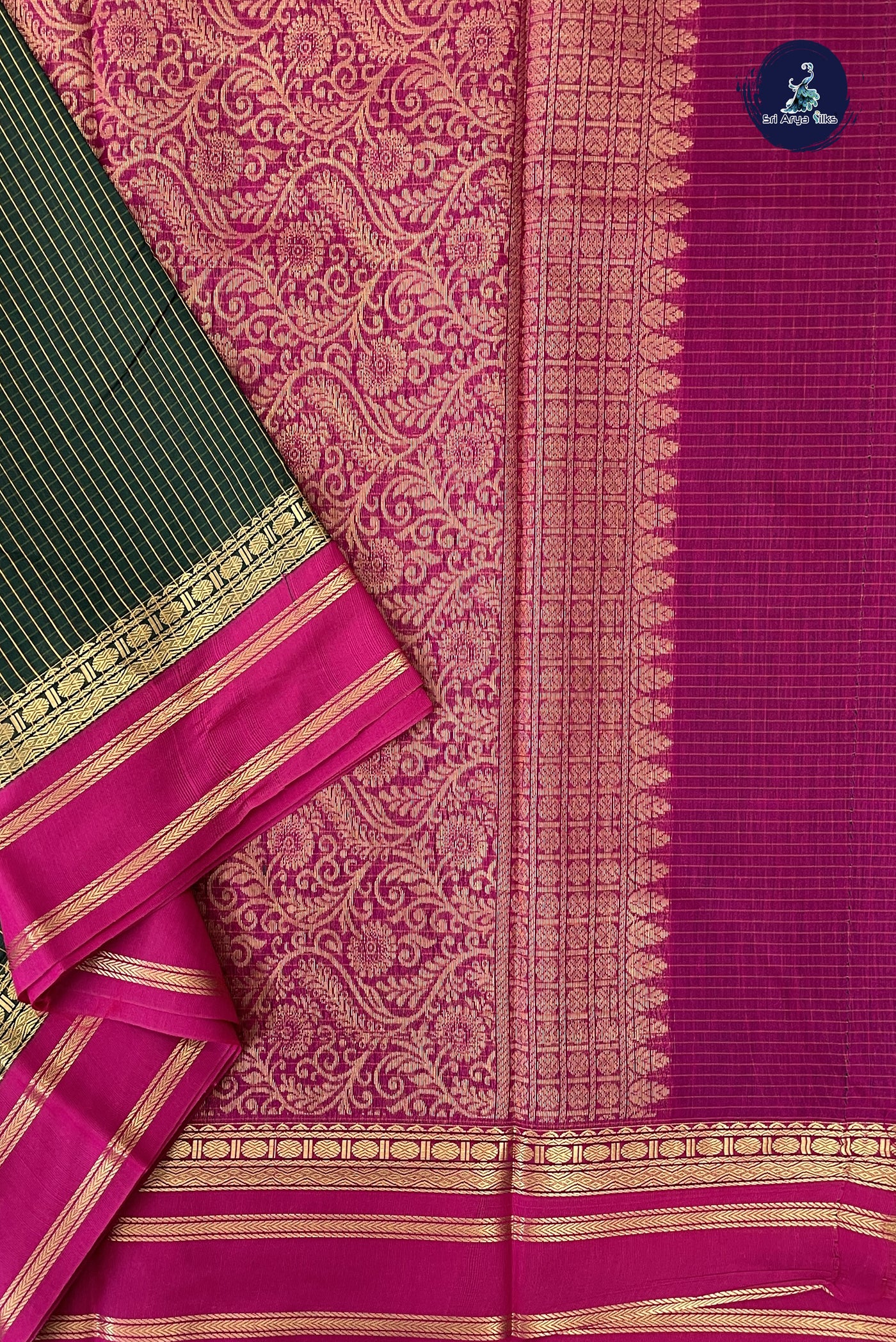 Bottle Green Madisar Semi Silk Cotton Saree With Checked Pattern