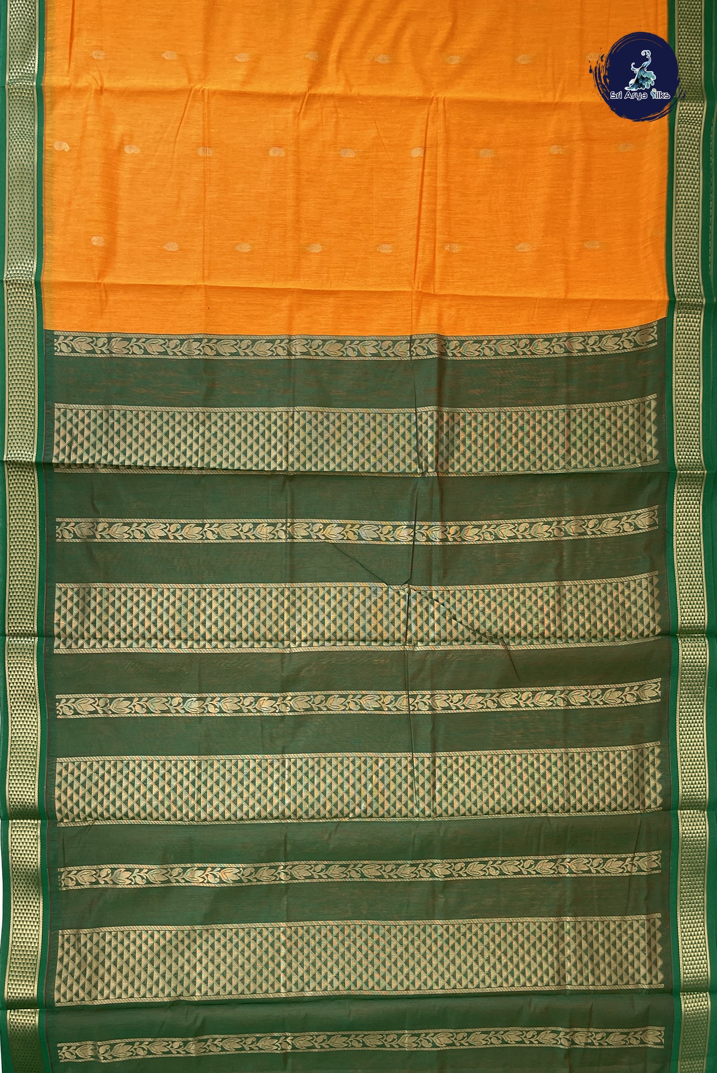 Yellowish Orange Madisar Semi Silk Cotton Saree With Zari Buttas Pattern