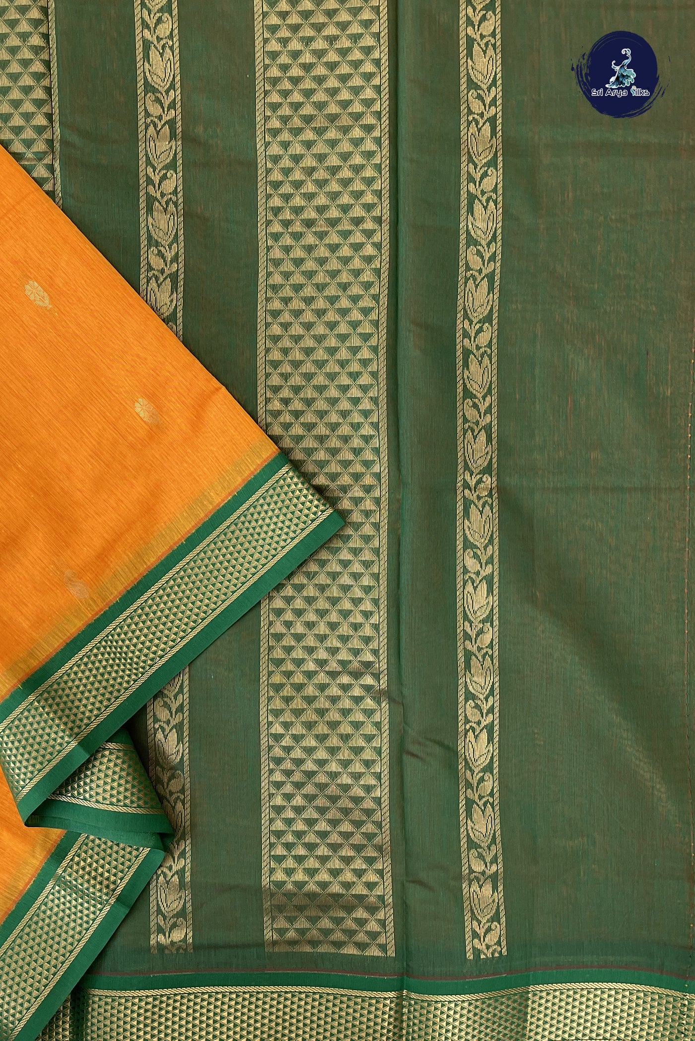 Yellowish Orange Madisar Semi Silk Cotton Saree With Zari Buttas Pattern