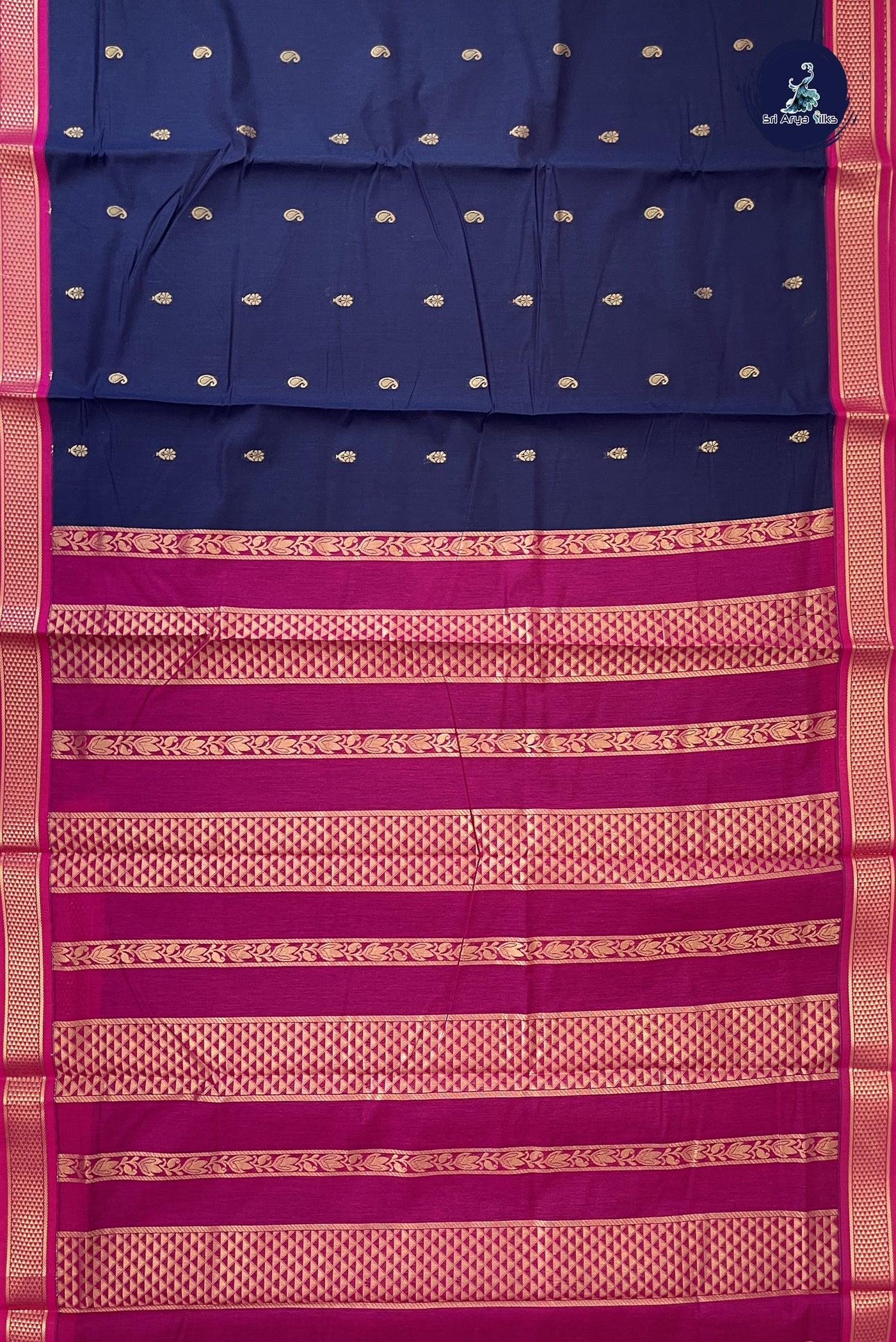 Navy Blue Madisar Semi Silk Cotton Saree With Zari Buttas Pattern