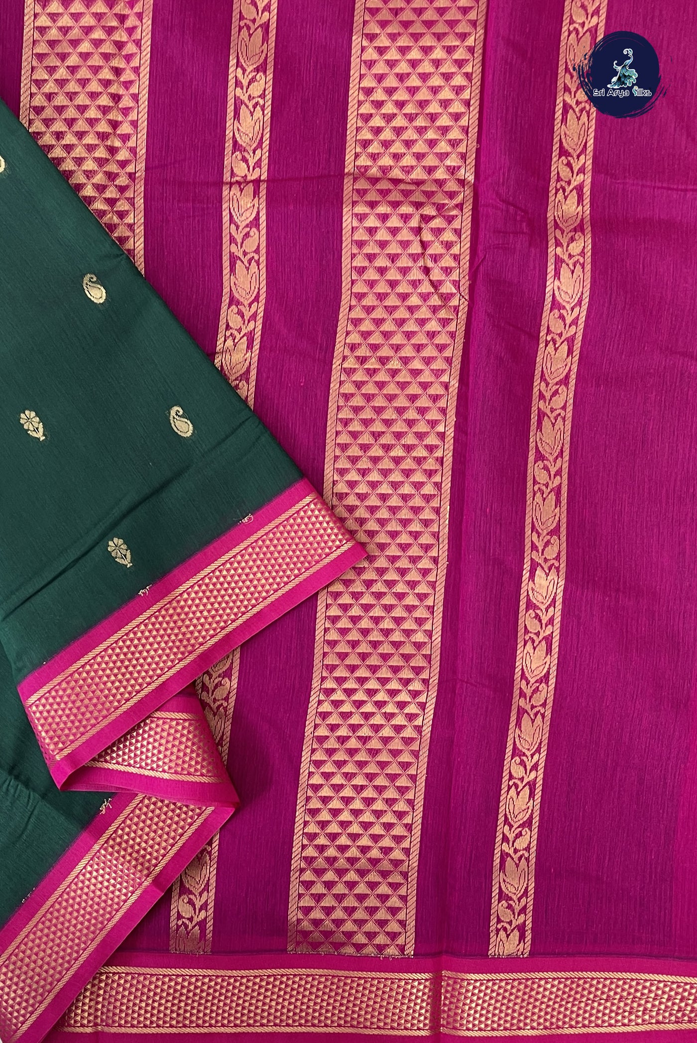Dark Green Madisar Semi Silk Cotton Saree With Zari Buttas Pattern