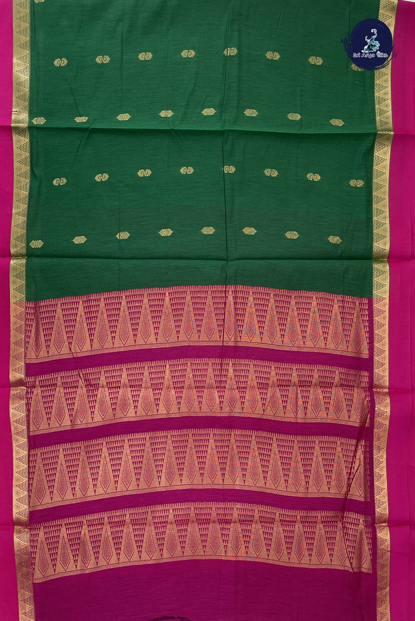 Dark Green Madisar Semi Silk Cotton Saree With Zari Buttas Pattern