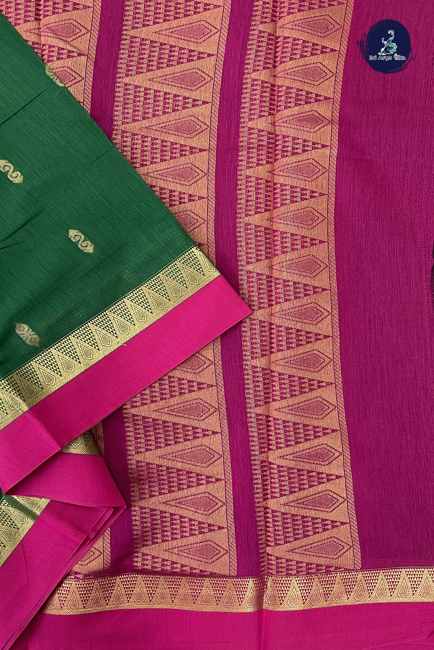 Dark Green Madisar Semi Silk Cotton Saree With Zari Buttas Pattern