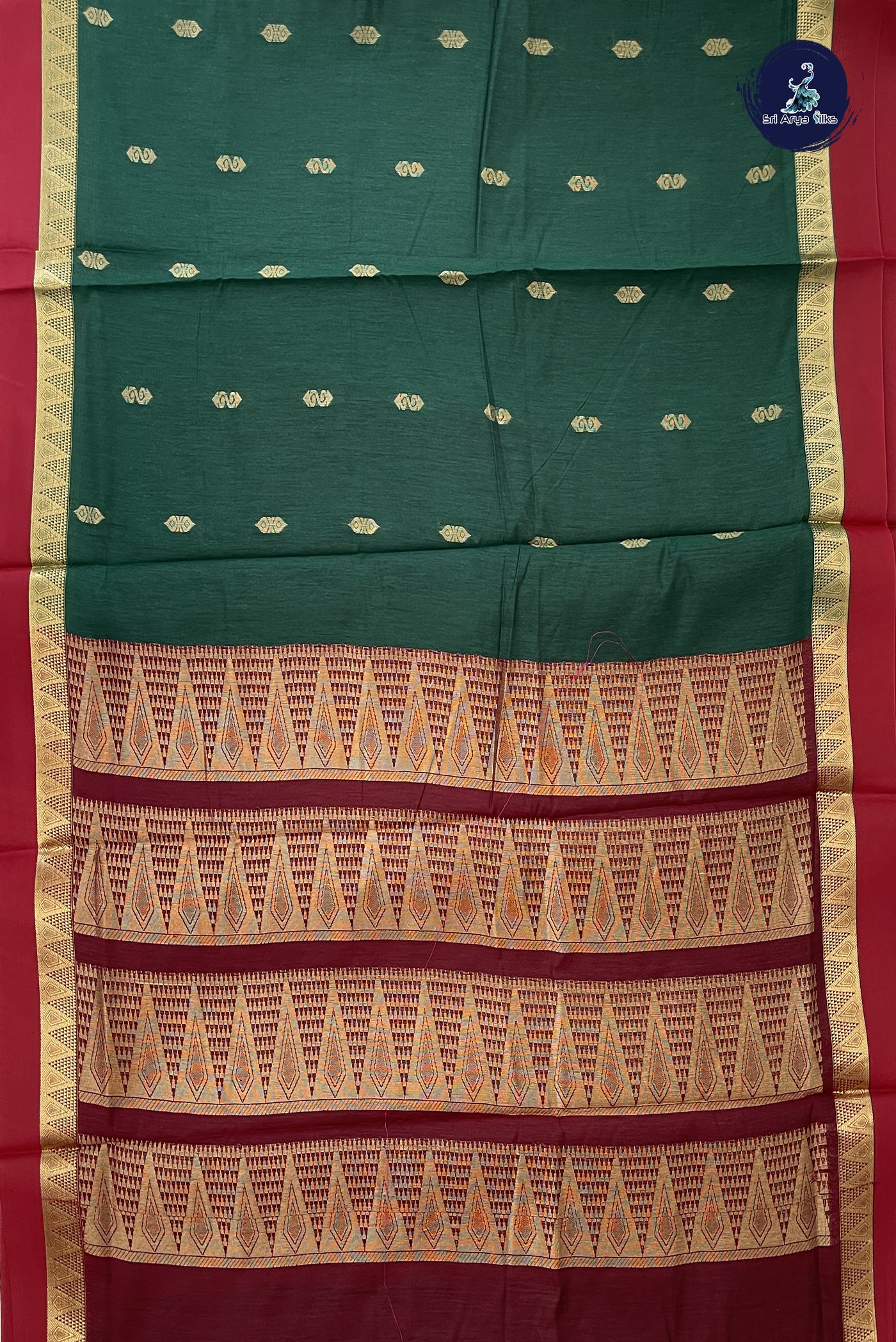 Bottle Green Madisar Semi Silk Cotton Saree With Zari Buttas Pattern
