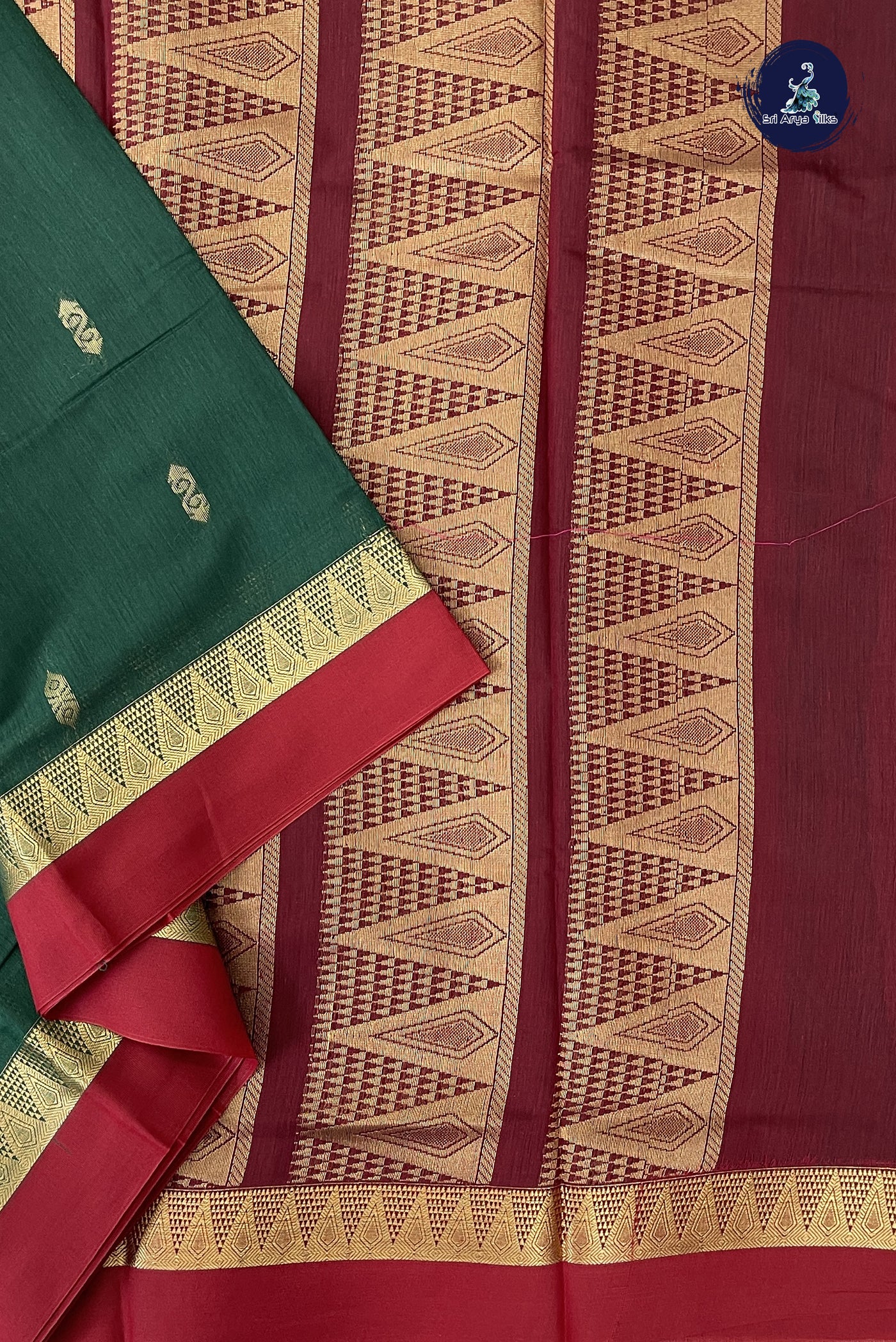 Bottle Green Madisar Semi Silk Cotton Saree With Zari Buttas Pattern