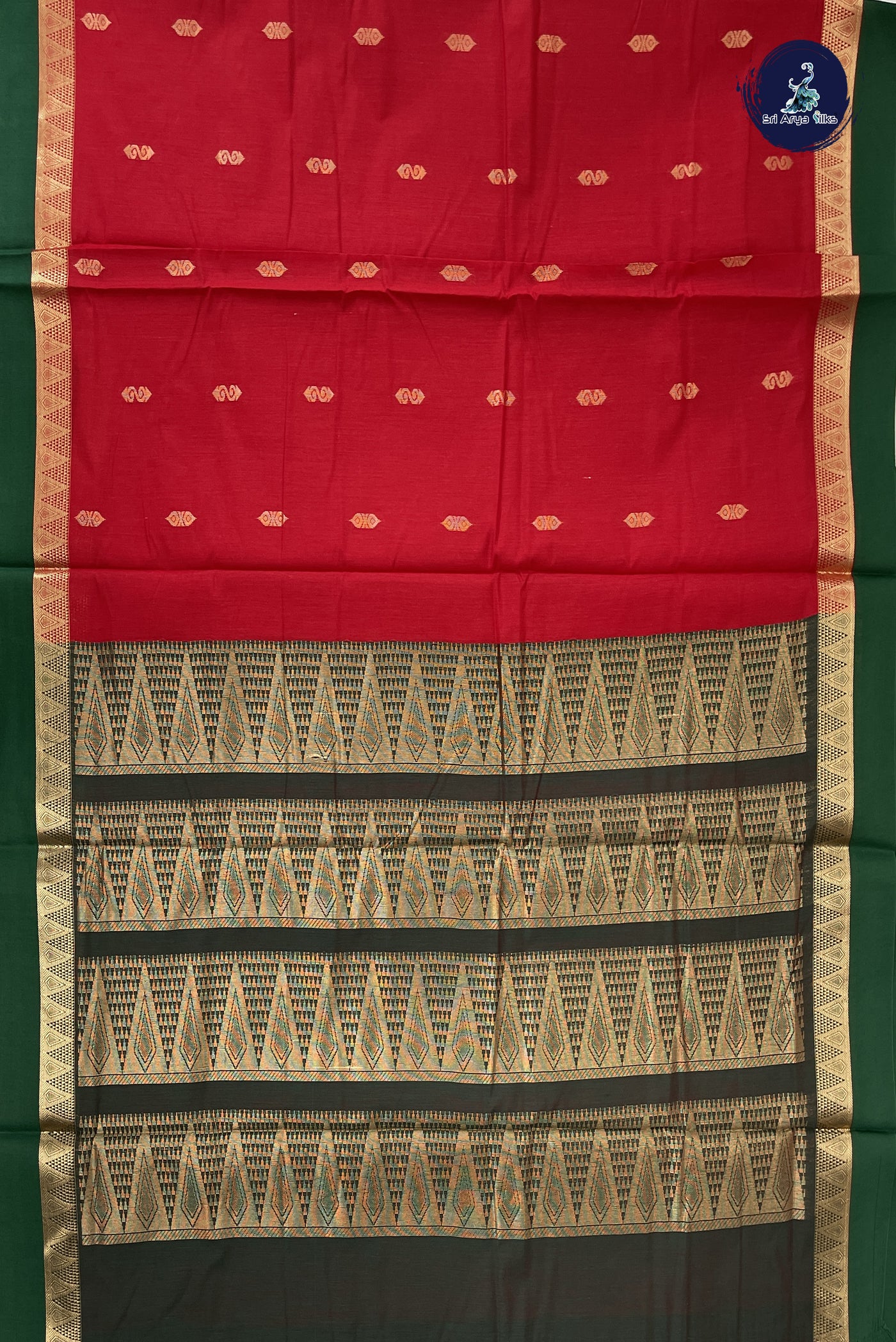 Red Madisar Semi Silk Cotton Saree With Zari Buttas Pattern