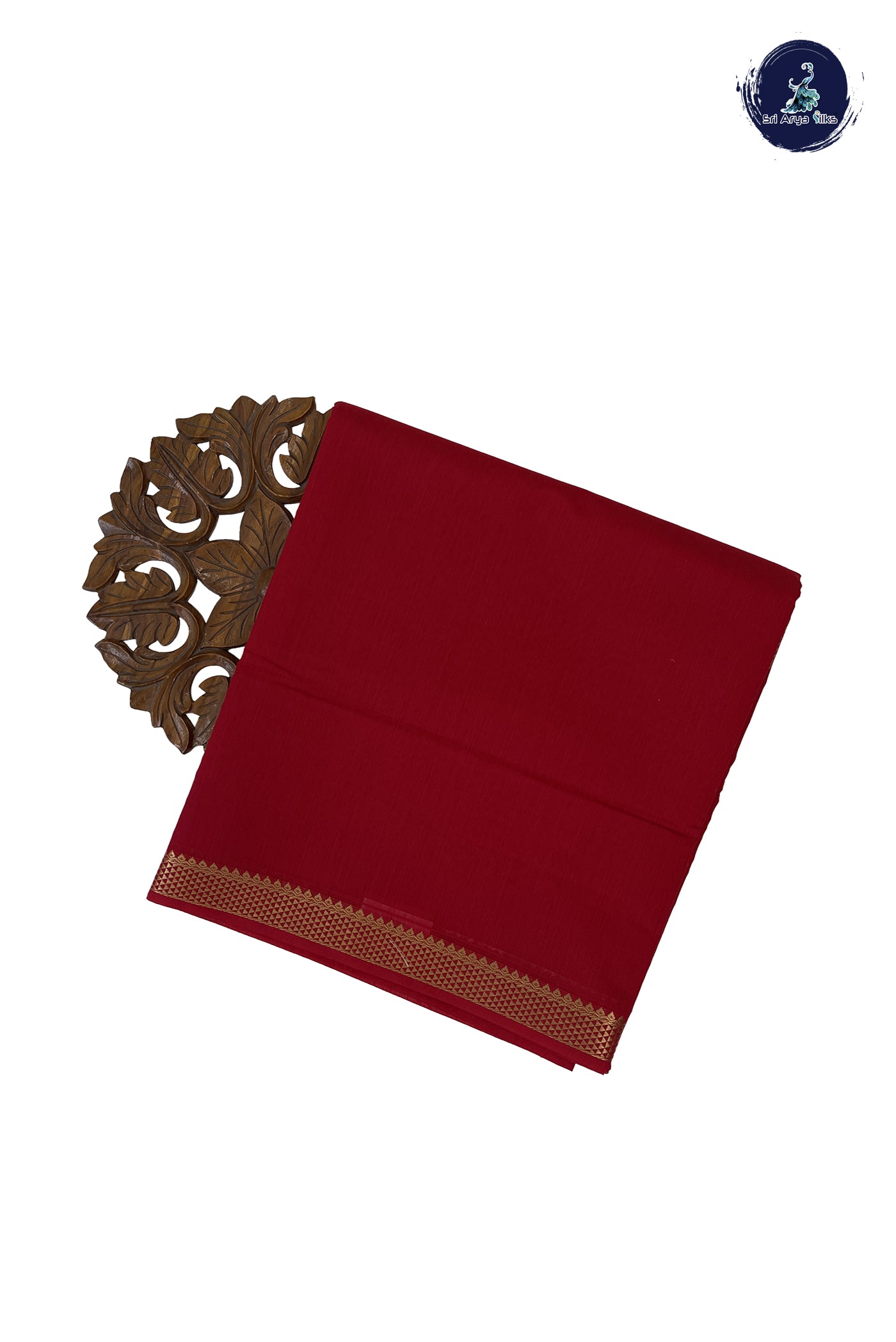 Red Madisar Semi Silk Cotton Saree With Plain Pattern