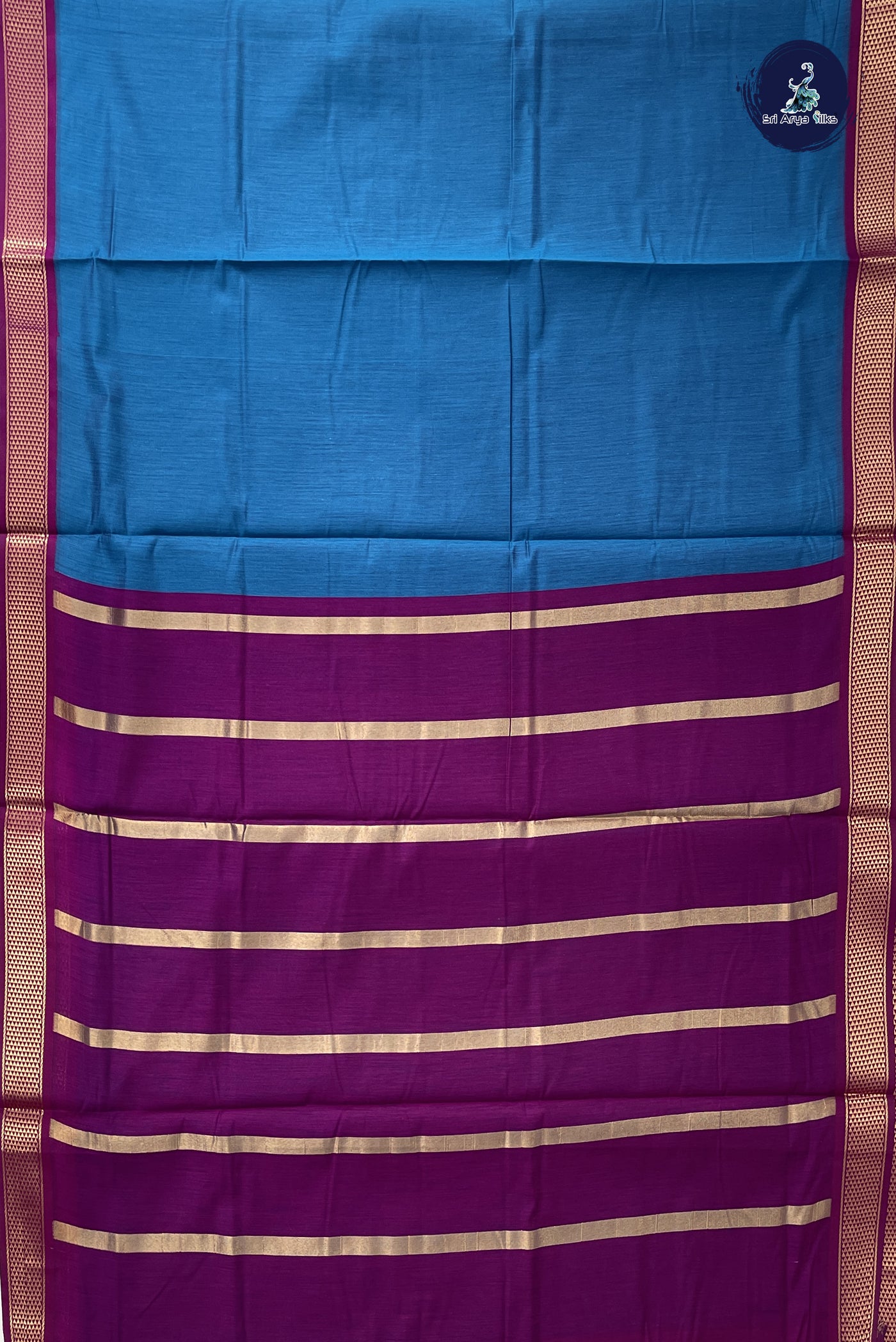 Peacock Blue Madisar Semi Silk Cotton Saree With Plain Pattern