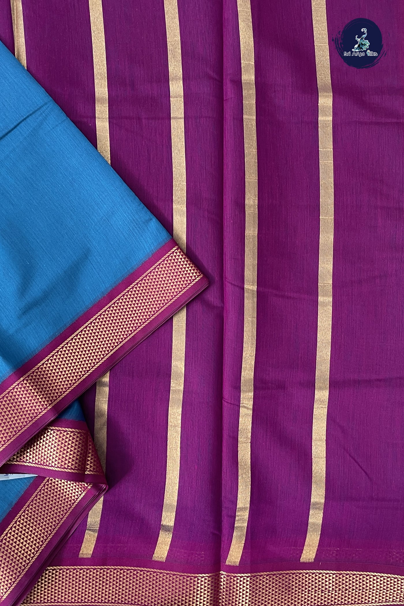 Peacock Blue Madisar Semi Silk Cotton Saree With Plain Pattern