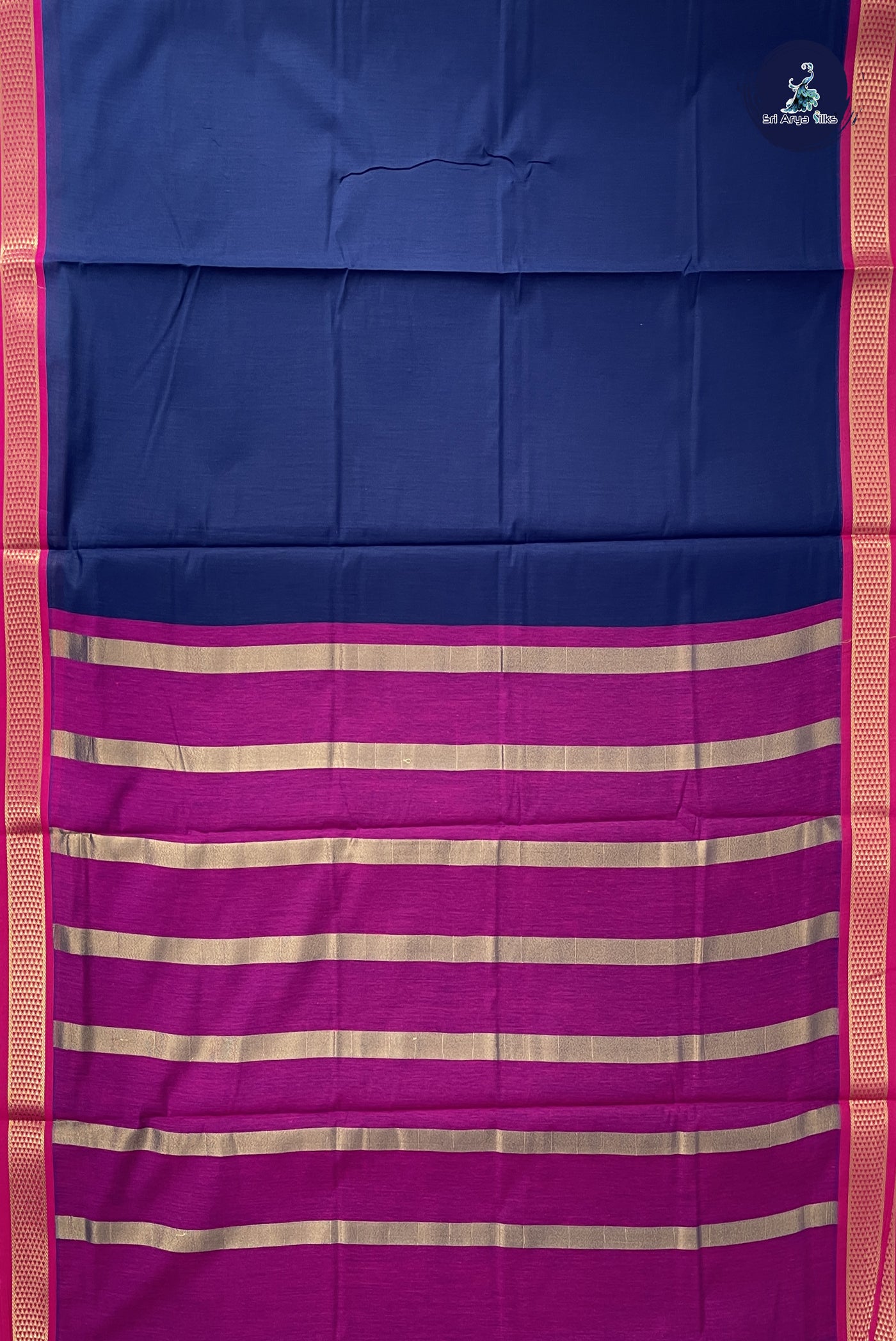 Navy Blue Madisar Semi Silk Cotton Saree With Plain Pattern