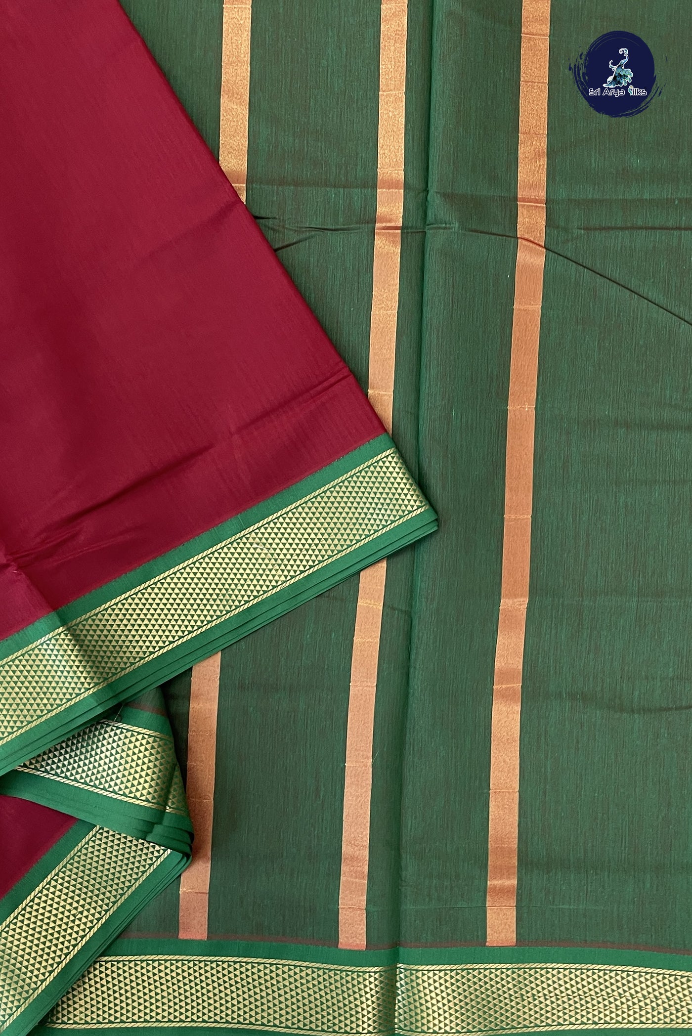 Maroon Madisar Semi Silk Cotton Saree With Plain Pattern
