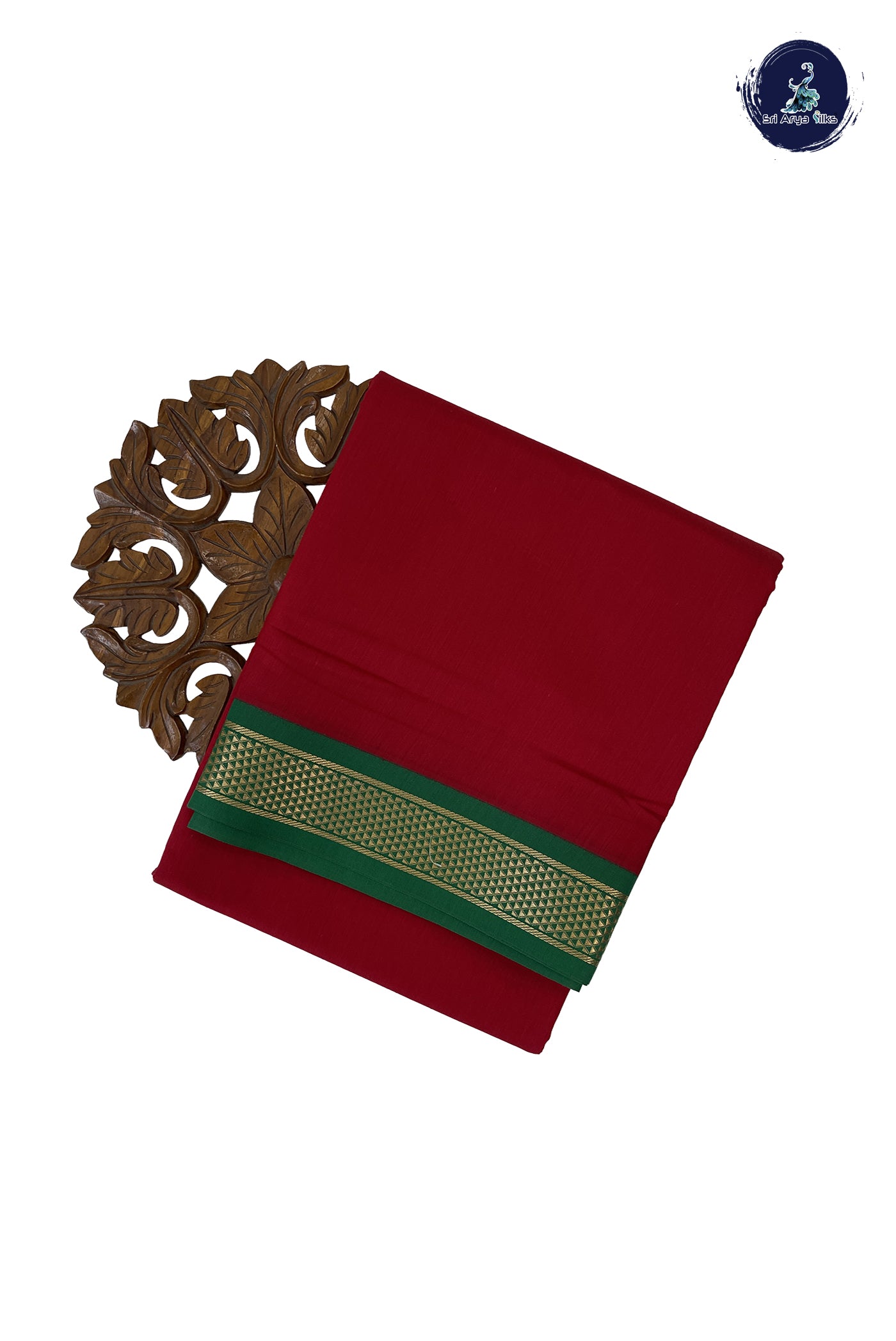 Red Madisar Semi Silk Cotton Saree With Plain Pattern