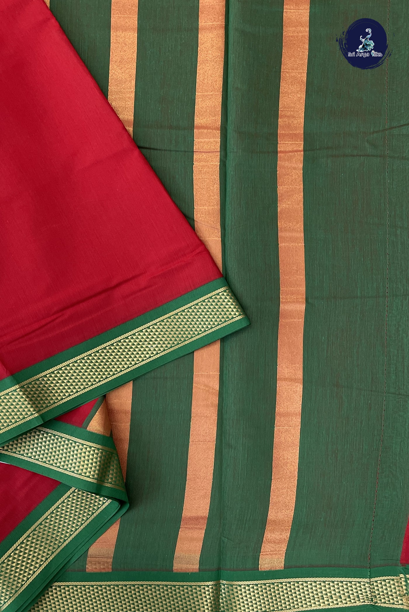 Red Madisar Semi Silk Cotton Saree With Plain Pattern