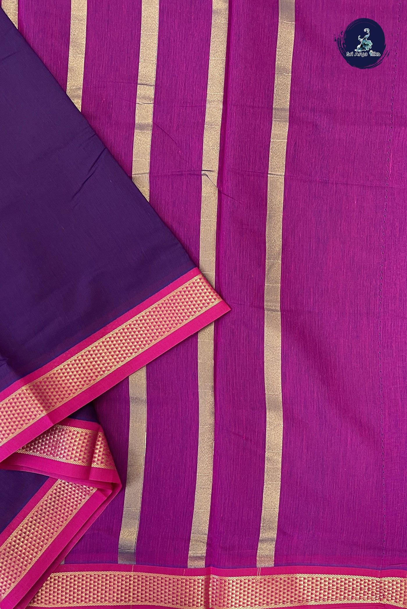 Dark Brinjal Madisar Semi Silk Cotton Saree With Plain Pattern