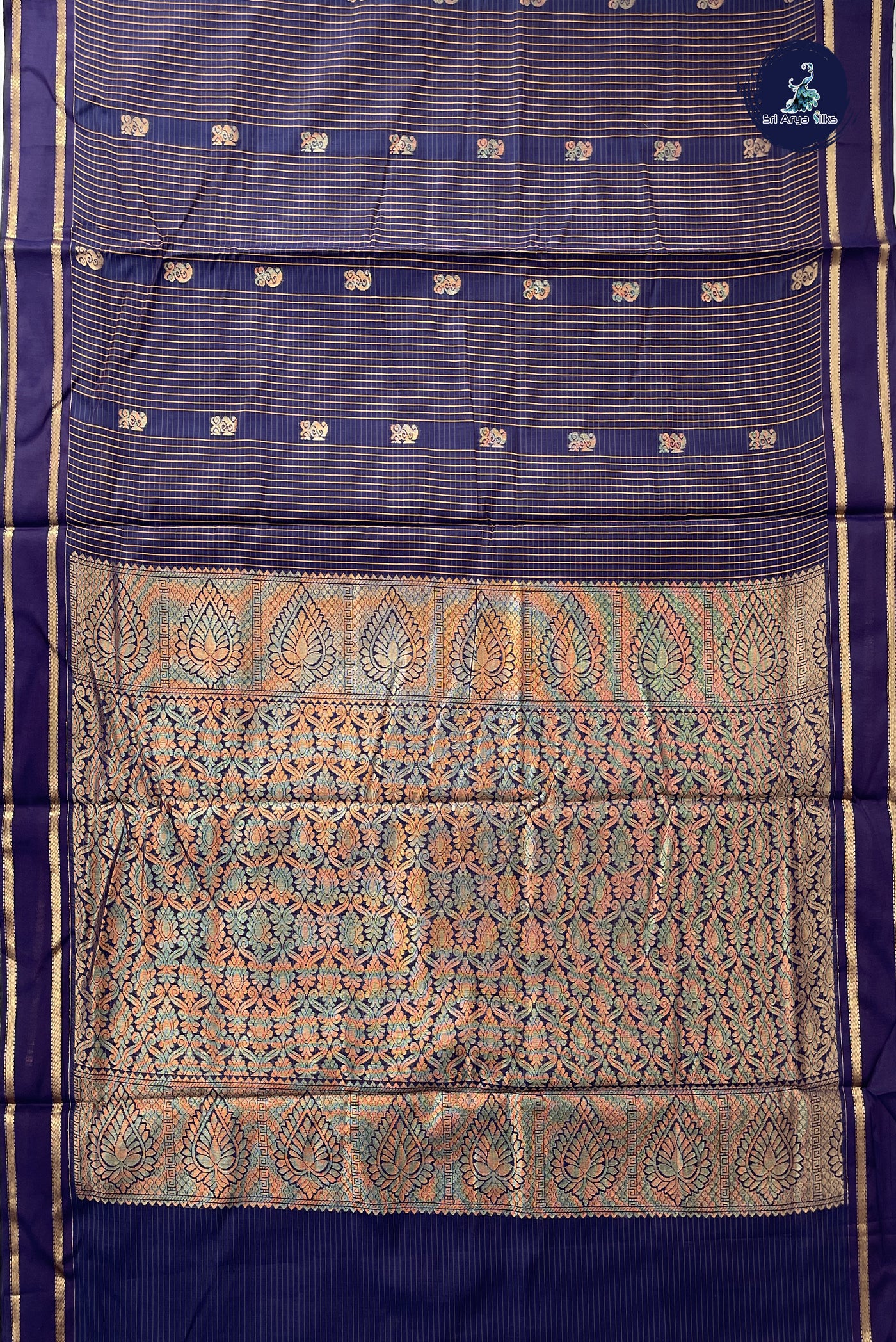 Navy Blue Madisar Semi Silk Cotton Saree With Checked Pattern