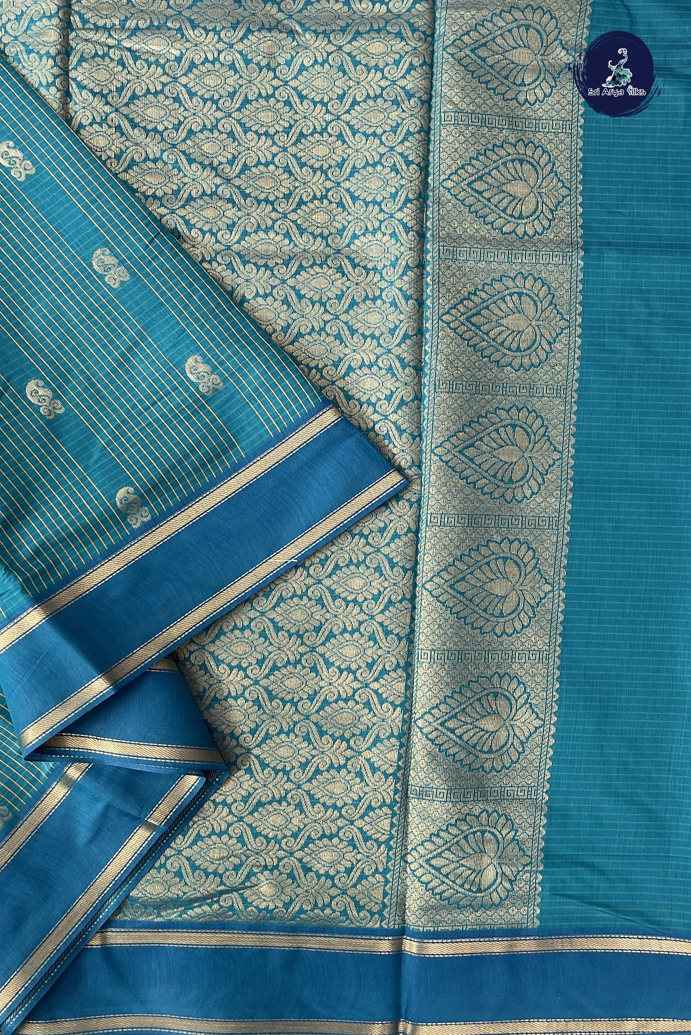 Teal Madisar Semi Silk Cotton Saree With Checked Pattern