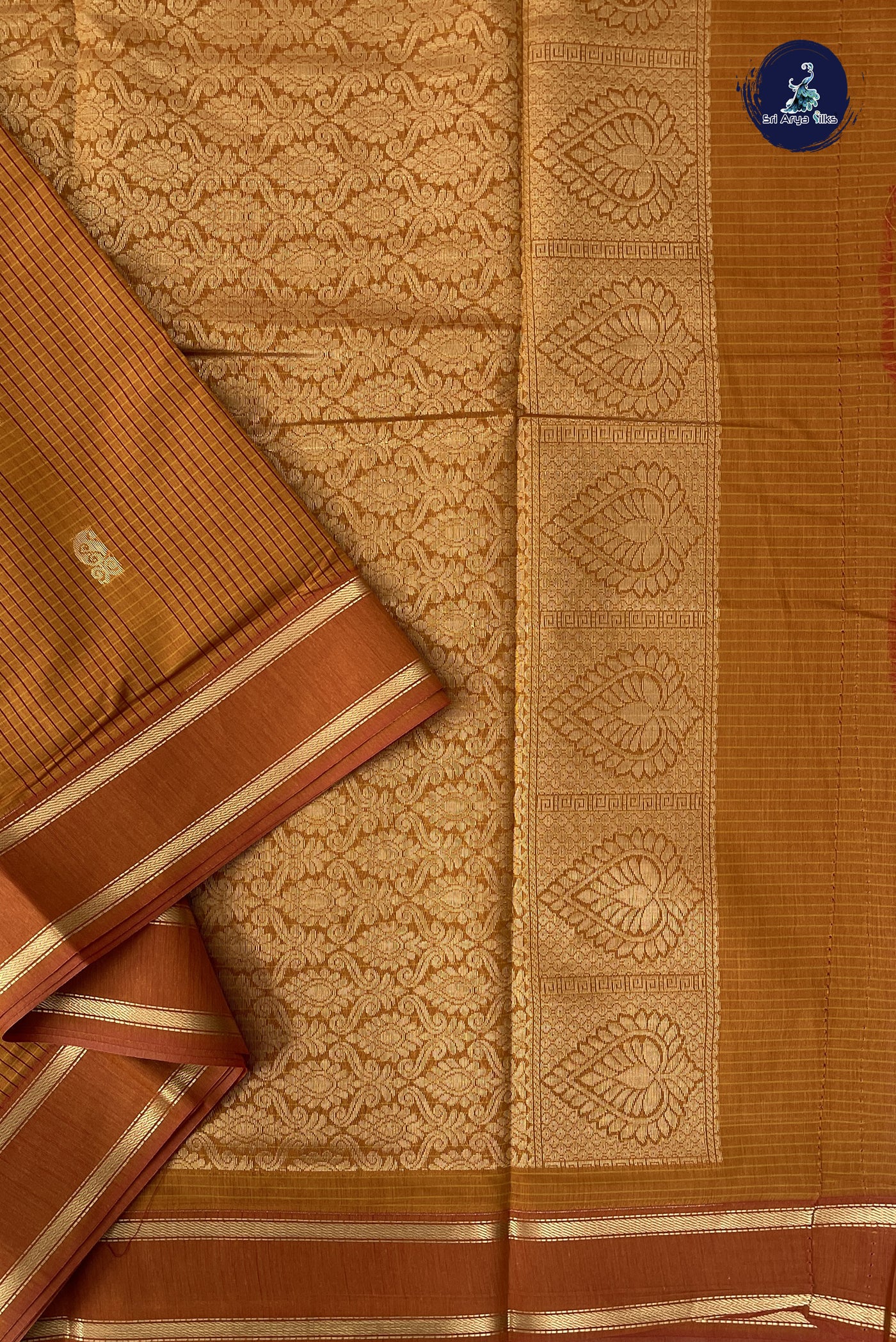 Lite Mustard Orange Madisar Semi Silk Cotton Saree With Checked Pattern