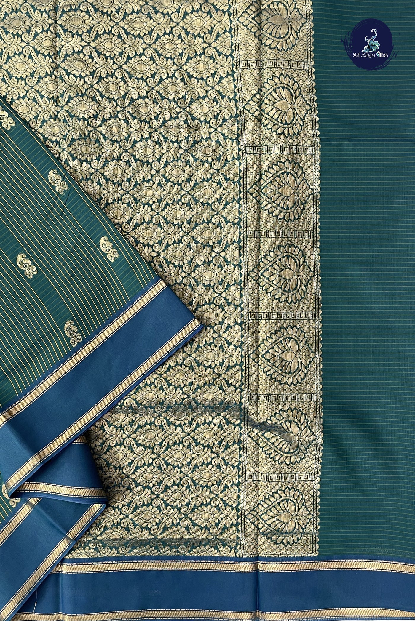 Dark Green Madisar Semi Silk Cotton Saree With Checked Pattern