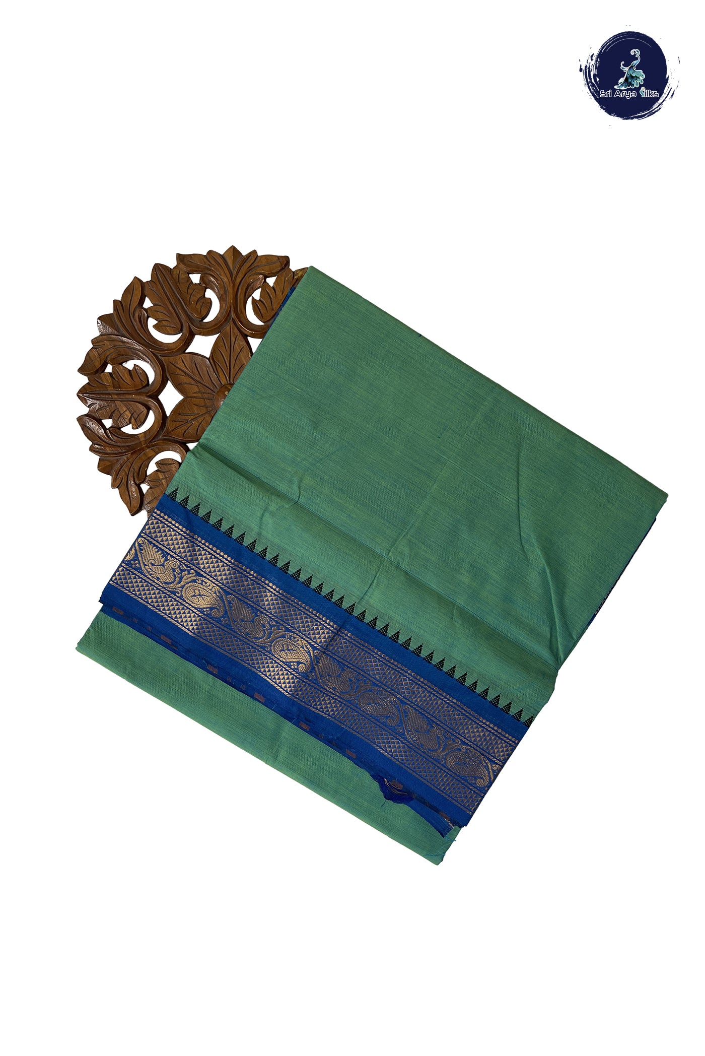 Bluish Green 10 Yards Madisar Cotton Saree With Plain Pattern