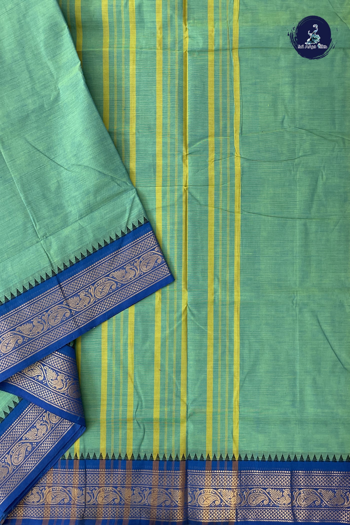 Bluish Green 10 Yards Madisar Cotton Saree With Plain Pattern