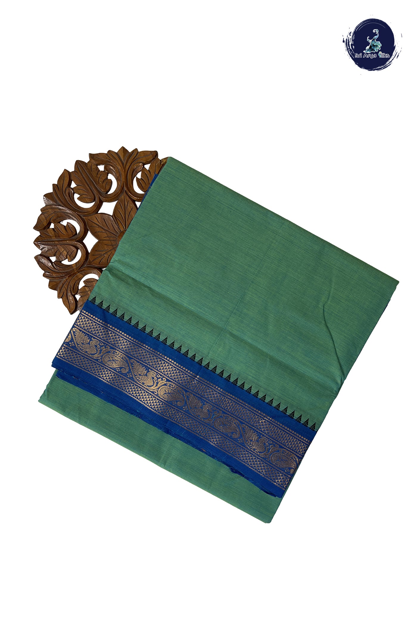 Bluish Green 10 Yards Madisar Cotton Saree With Plain Pattern