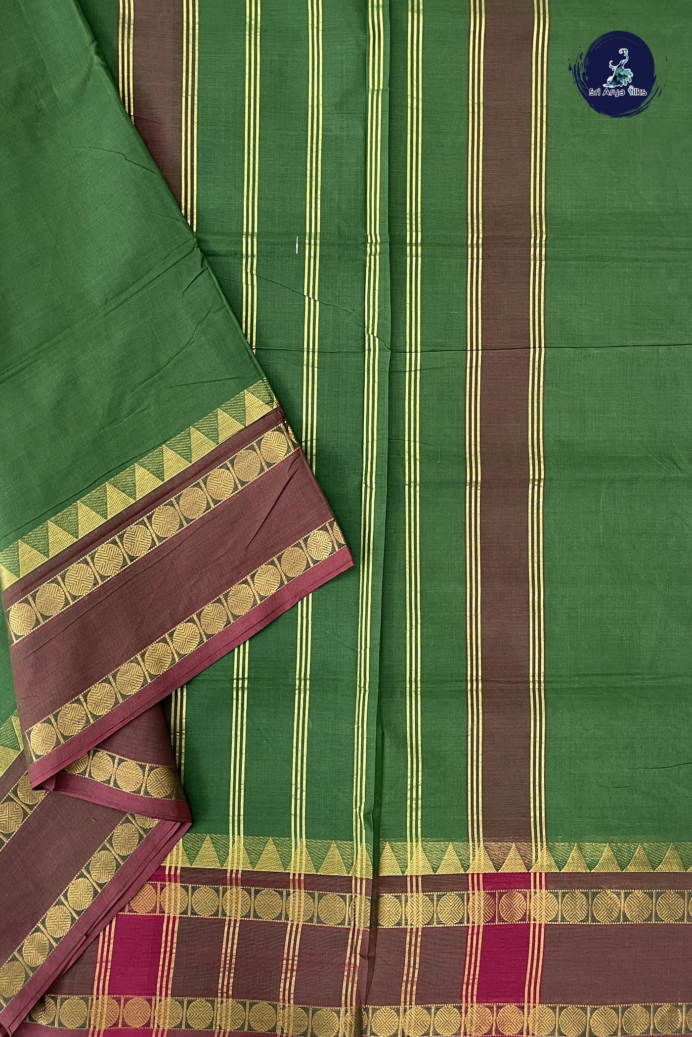 Green 10 Yards Madisar Cotton Saree With Plain Pattern