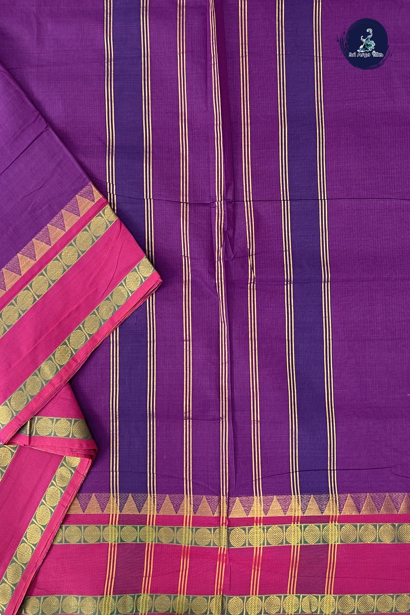 Purple 10 Yards Madisar Cotton Saree With Plain Pattern