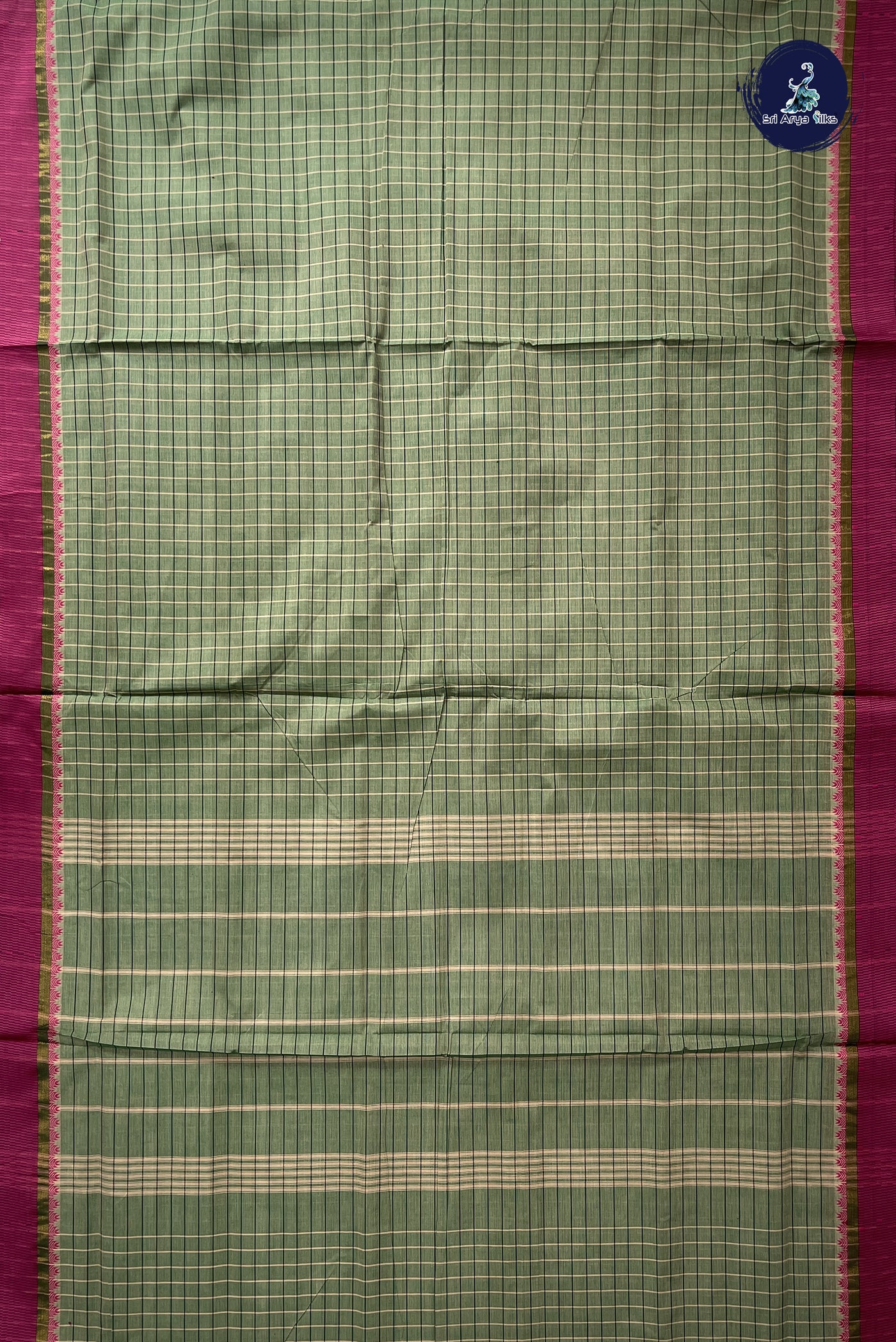 Green 10 Yards Madisar Cotton Saree With Checked Pattern
