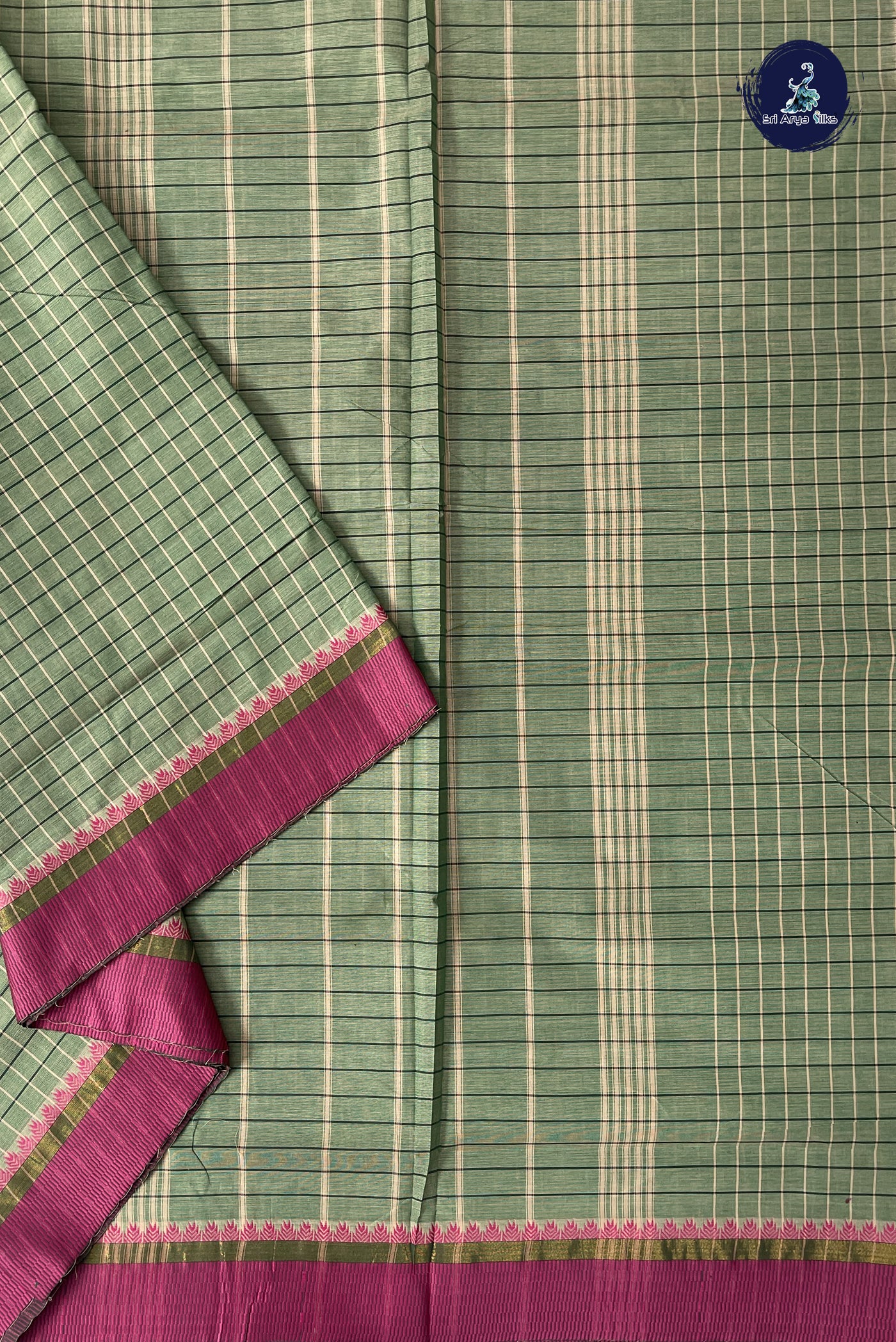 Green 10 Yards Madisar Cotton Saree With Checked Pattern