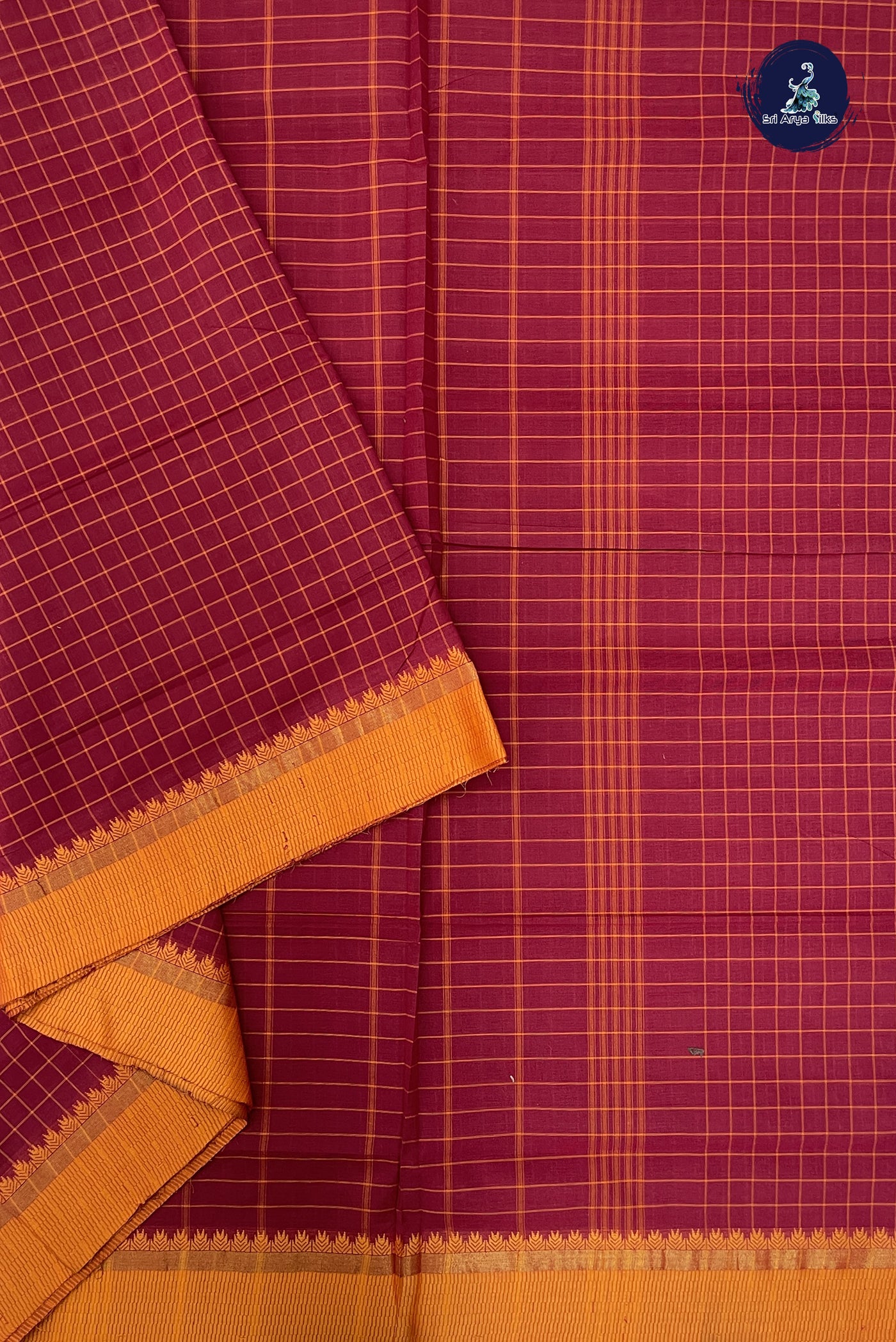 Maroon 10 Yards Madisar Cotton Saree With Checked Pattern