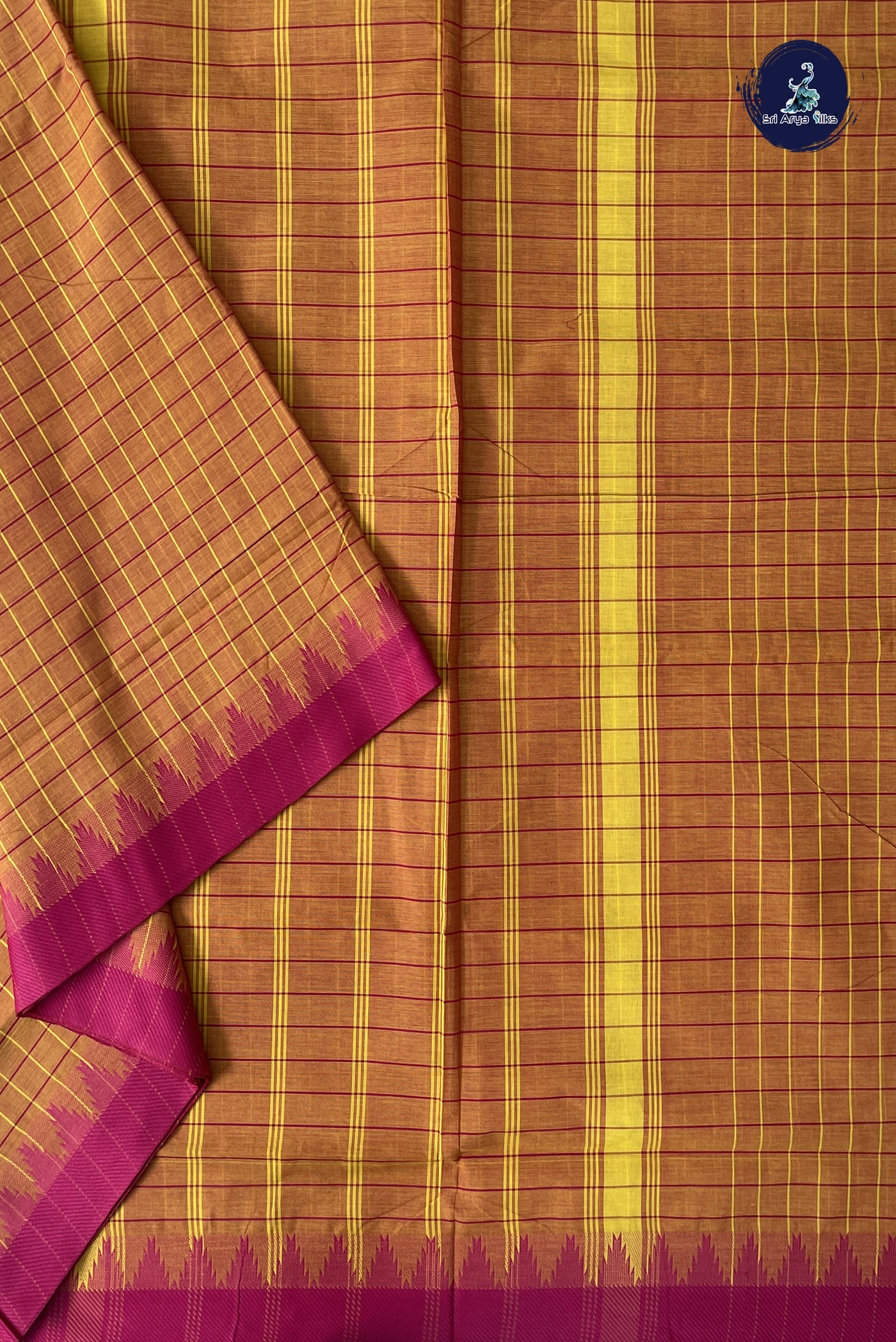 Orange 10 Yards Madisar Cotton Saree With Checked Pattern