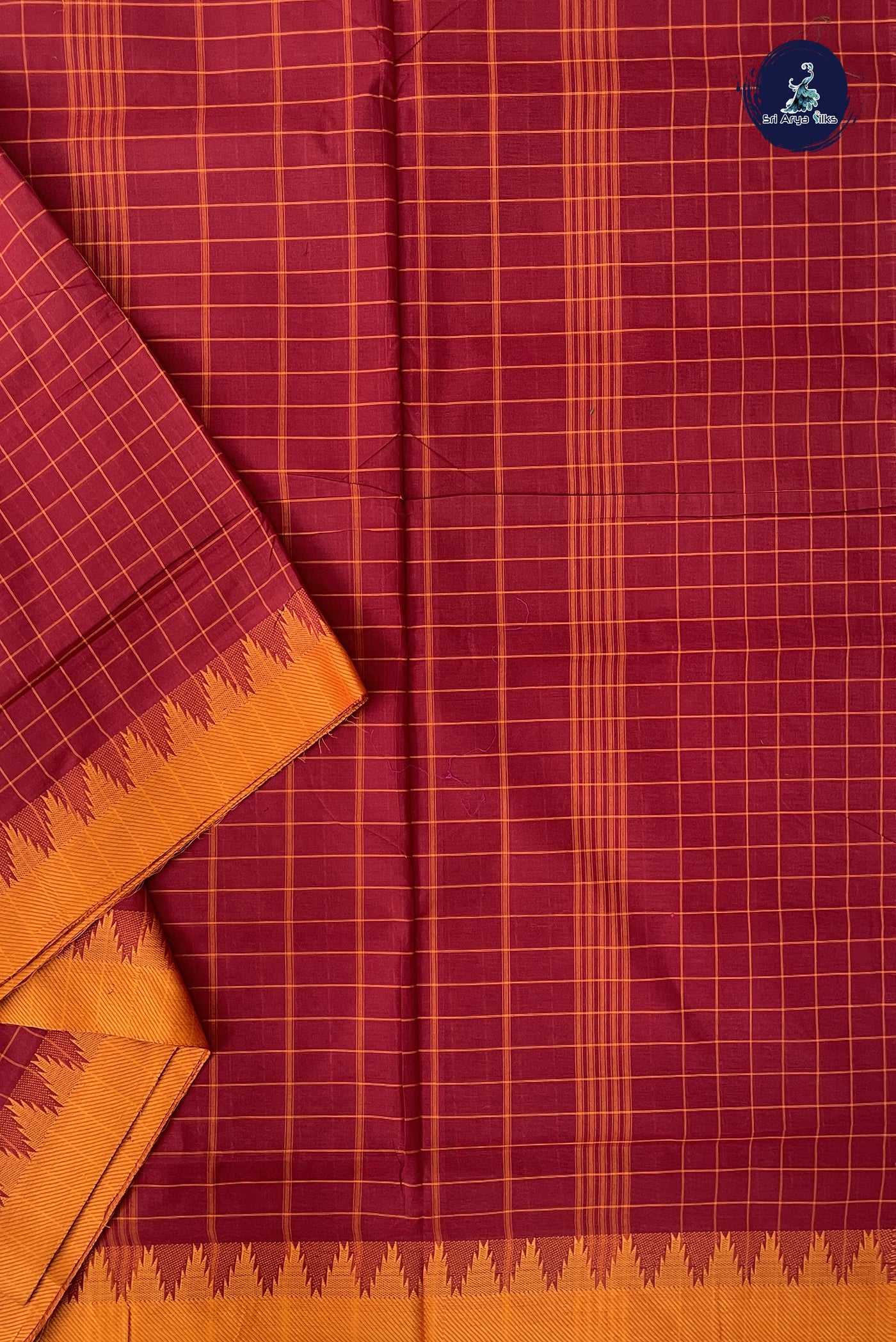 Maroon 10 Yards Madisar Cotton Saree With Checked Pattern